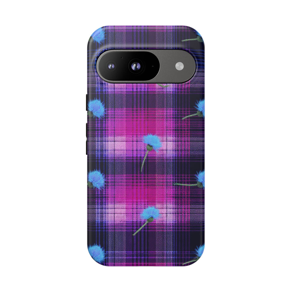 Purple Plaid Blue Thistle Tartan Phone Case — Floral Plaid Protective iPhone Cover