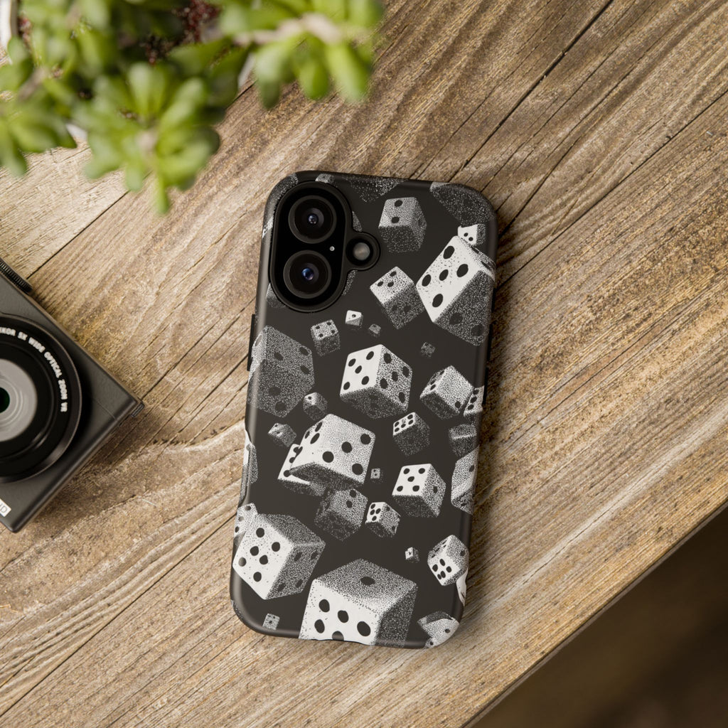 Dice Pattern Phone Case — Black & White Falling Dice Protective Cover
