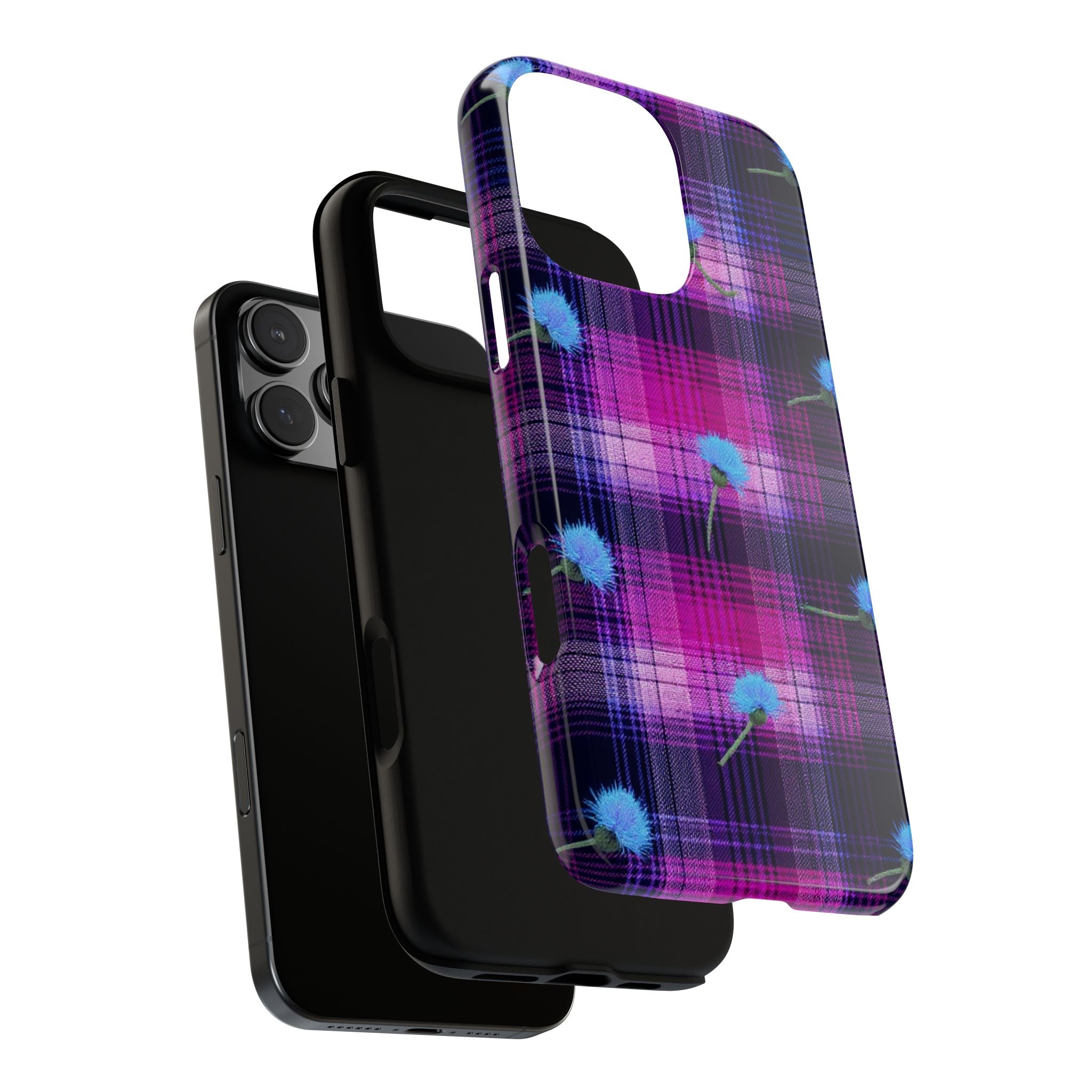 Purple Plaid Blue Thistle Tartan Phone Case — Floral Plaid Protective iPhone Cover