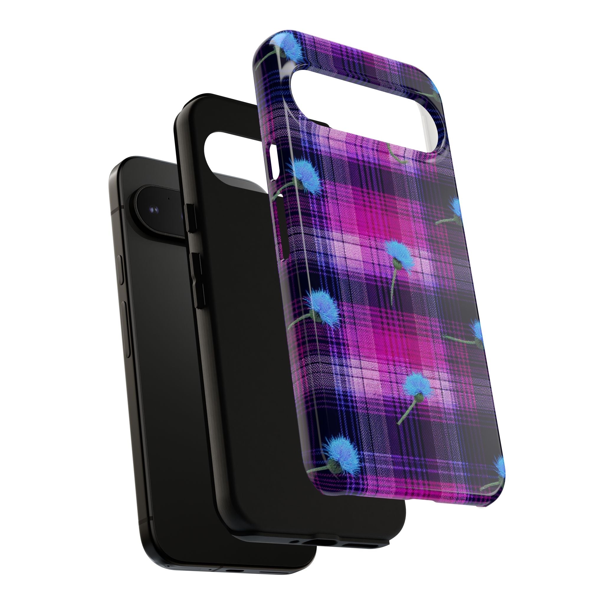 Purple Plaid Blue Thistle Tartan Phone Case — Floral Plaid Protective iPhone Cover