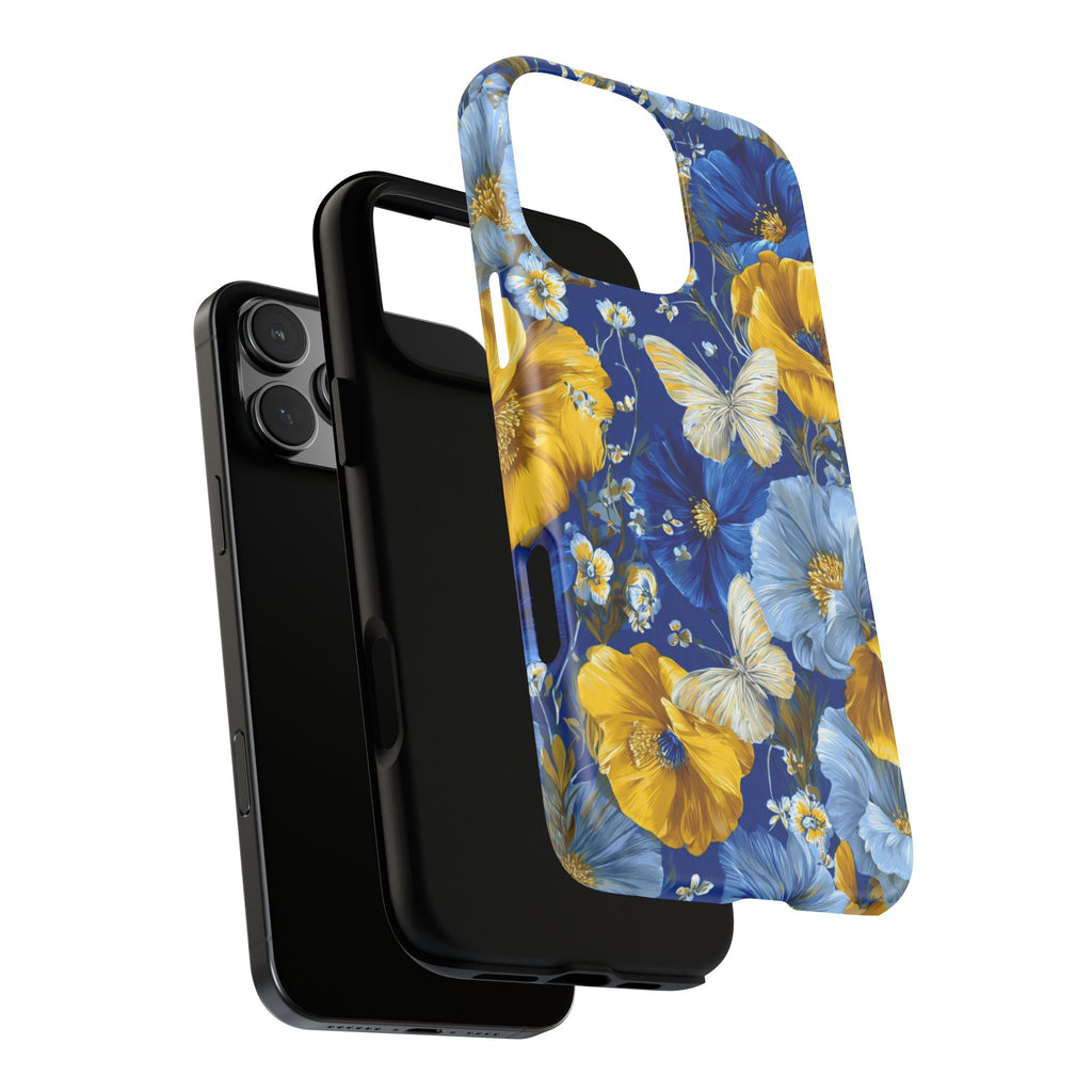 Floral Butterflies Phone Case — Blue & Yellow Tough Protective Cover