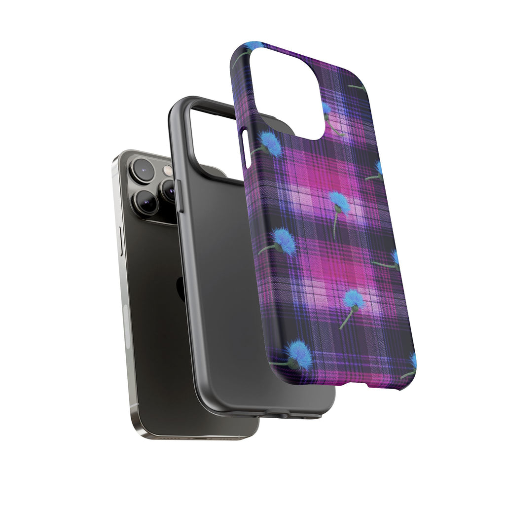 Purple Plaid Blue Thistle Tartan Phone Case — Floral Plaid Protective iPhone Cover