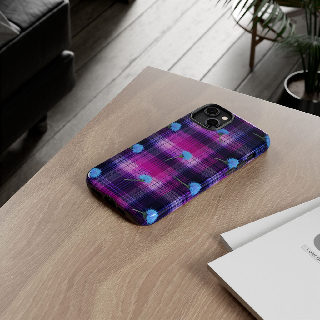 Purple Plaid Blue Thistle Tartan Phone Case — Floral Plaid Protective iPhone Cover