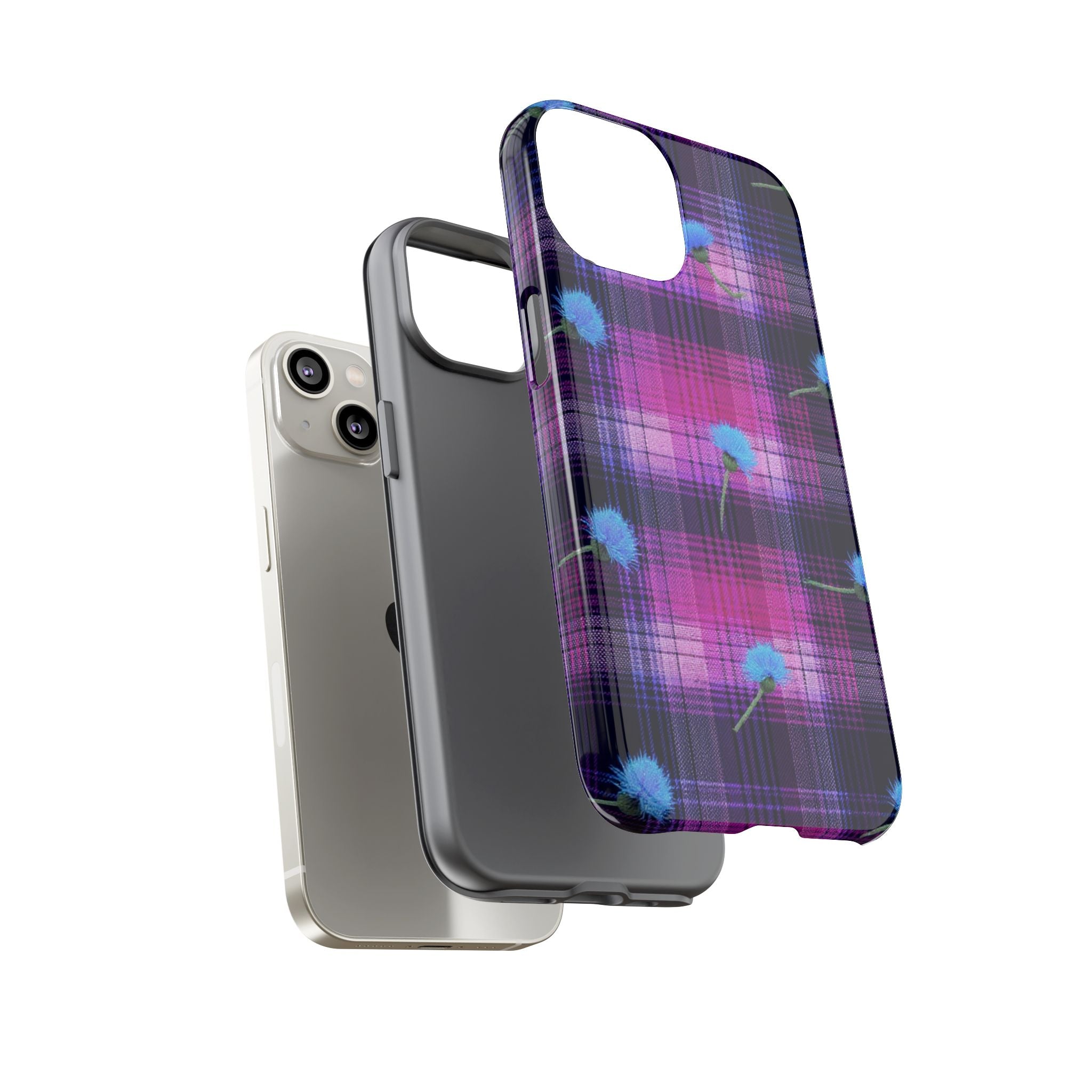 Purple Plaid Blue Thistle Tartan Phone Case — Floral Plaid Protective iPhone Cover