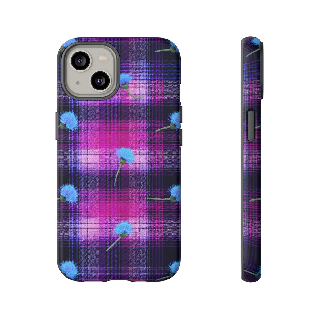Purple Plaid Blue Thistle Tartan Phone Case — Floral Plaid Protective iPhone Cover