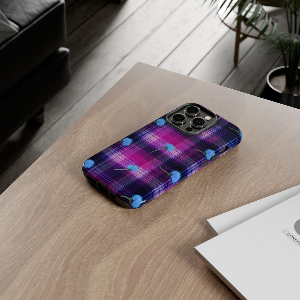 Purple Plaid Blue Thistle Tartan Phone Case — Floral Plaid Protective iPhone Cover