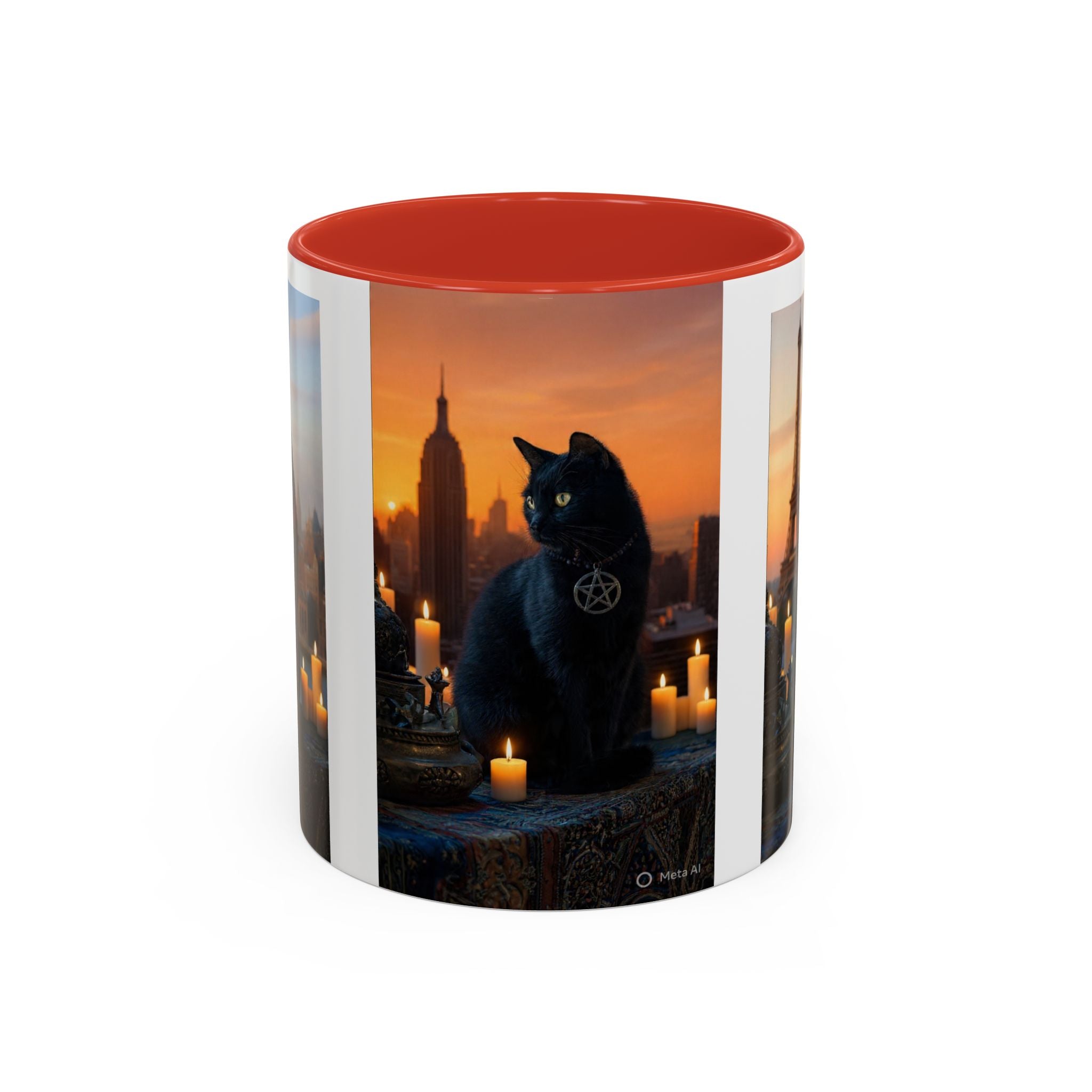 Black Cat Altar Coffee Mug — Gothic Cat with Pentagram, Candlelit Sunset Scene (11/15oz)