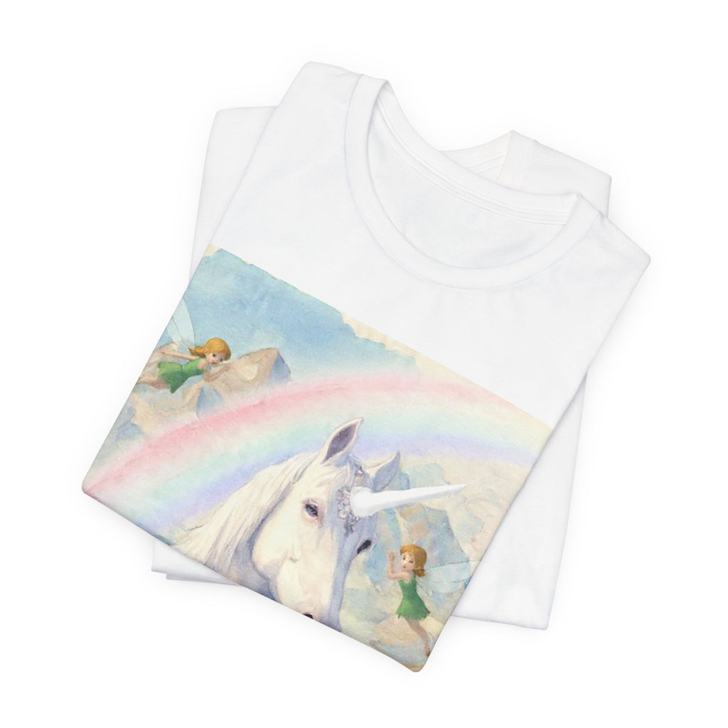 Unicorn Rainbow Tee — Whimsical Pegasus Shirt with Fairies and Floral Garland