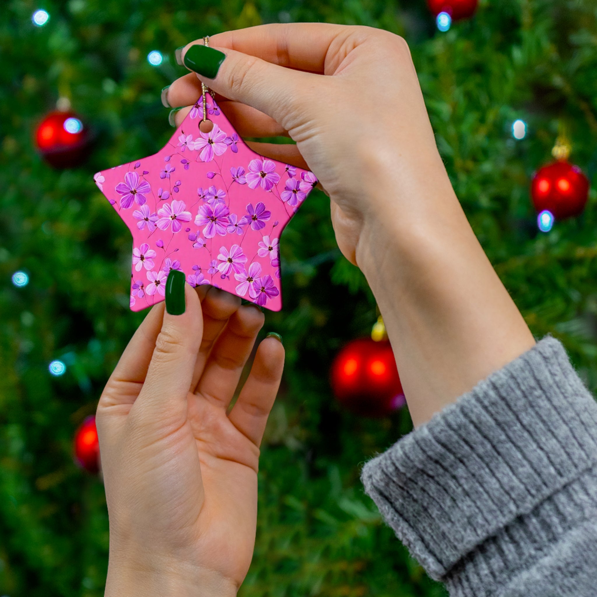 Floral Pink Star Ceramic Ornament — Flower Pattern Holiday Decoration