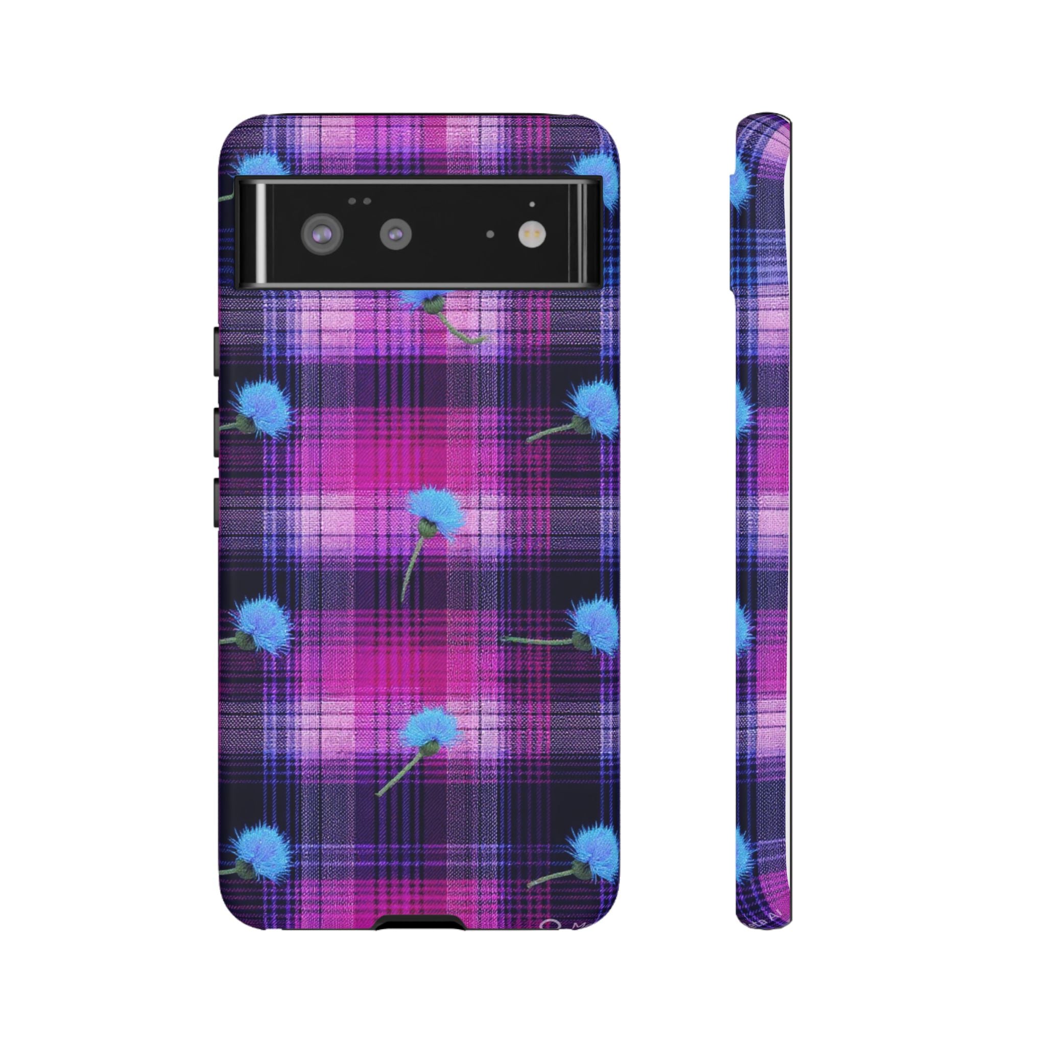 Purple Plaid Blue Thistle Tartan Phone Case — Floral Plaid Protective iPhone Cover