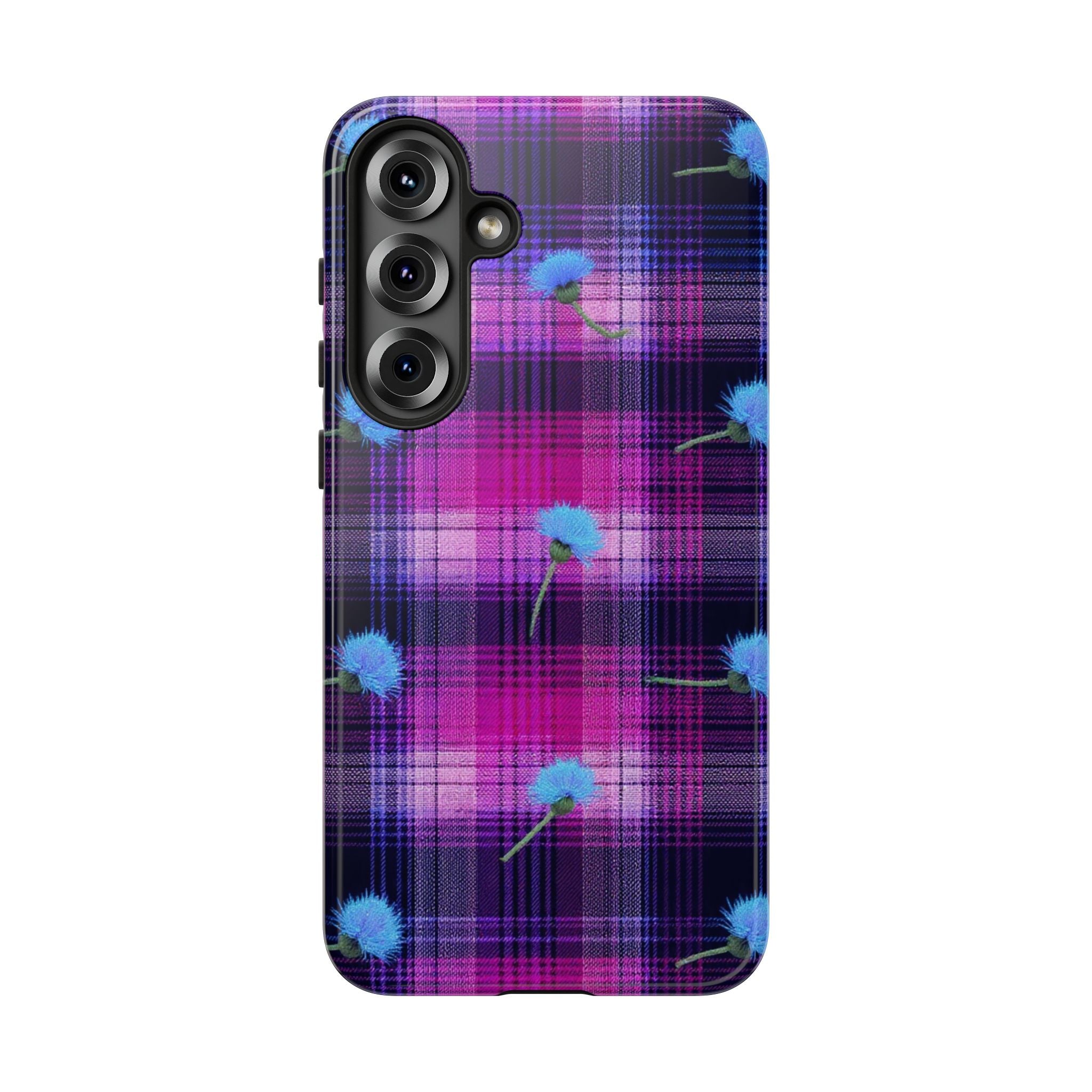 Purple Plaid Blue Thistle Tartan Phone Case — Floral Plaid Protective iPhone Cover