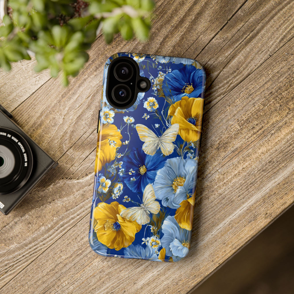 Floral Butterflies Phone Case — Blue & Yellow Tough Protective Cover