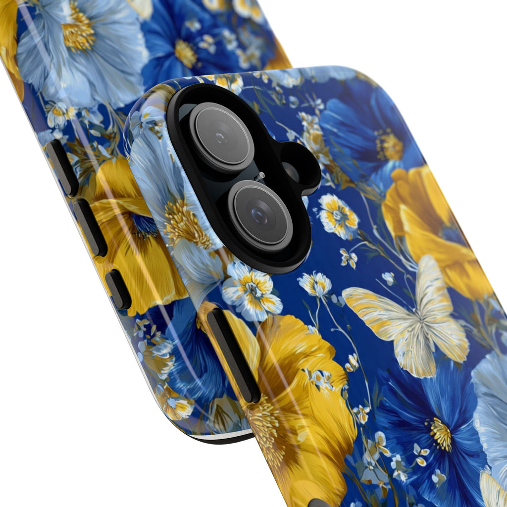 Floral Butterflies Phone Case — Blue & Yellow Tough Protective Cover