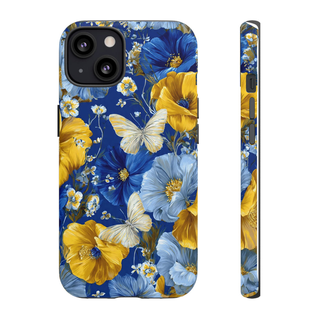 Floral Butterflies Phone Case — Blue & Yellow Tough Protective Cover