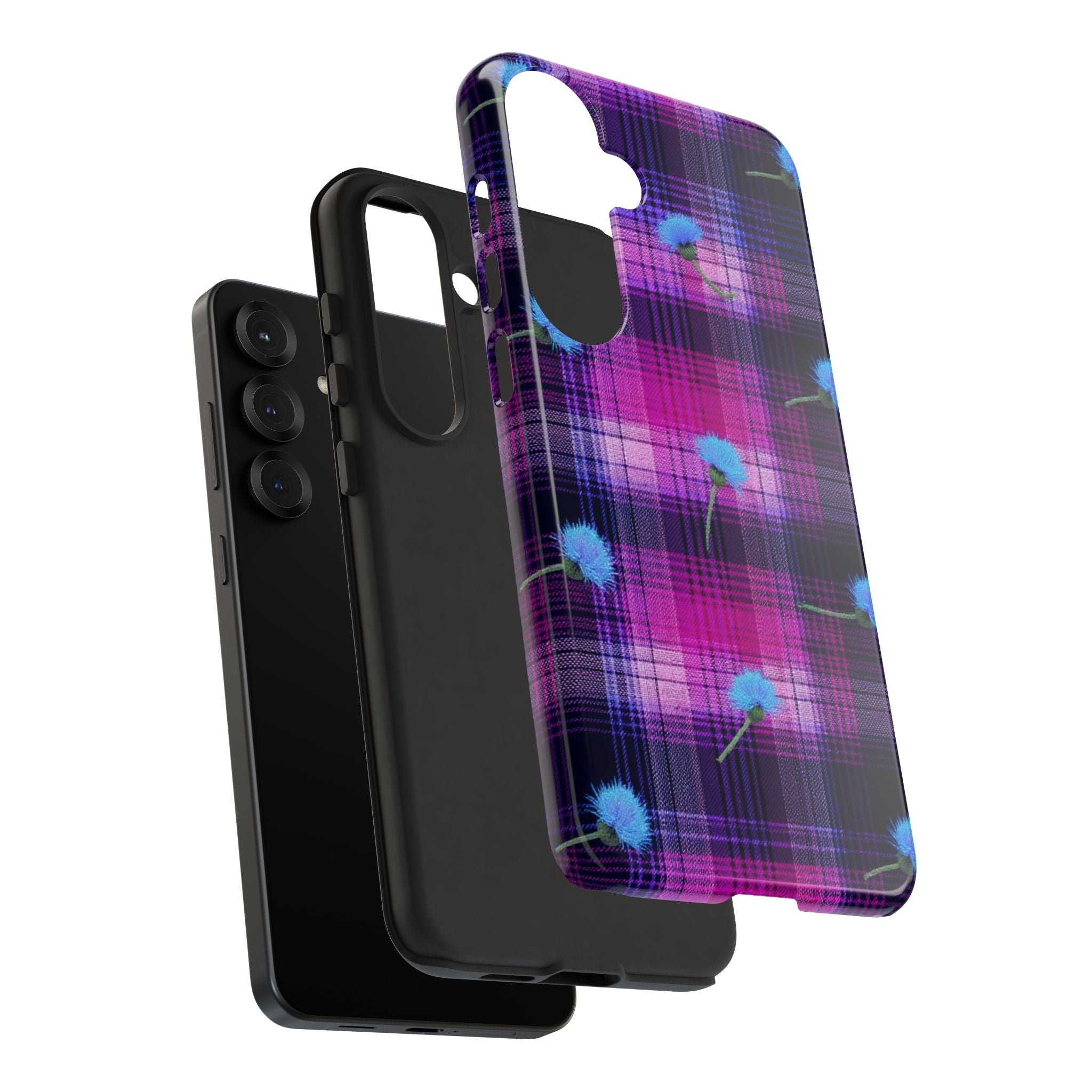 Purple Plaid Blue Thistle Tartan Phone Case — Floral Plaid Protective iPhone Cover