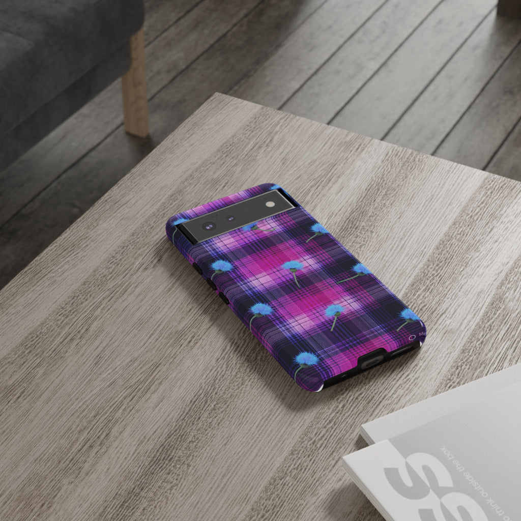 Purple Plaid Blue Thistle Tartan Phone Case — Floral Plaid Protective iPhone Cover