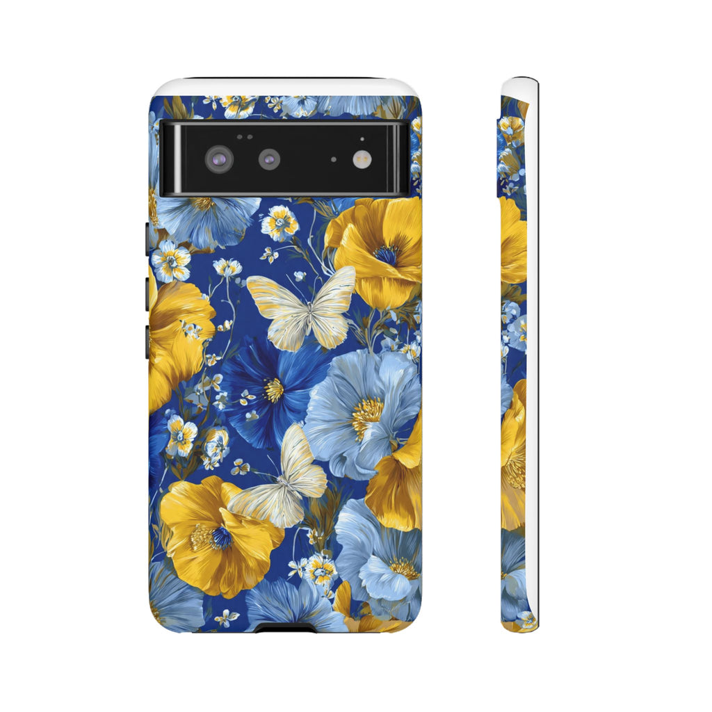Floral Butterflies Phone Case — Blue & Yellow Tough Protective Cover