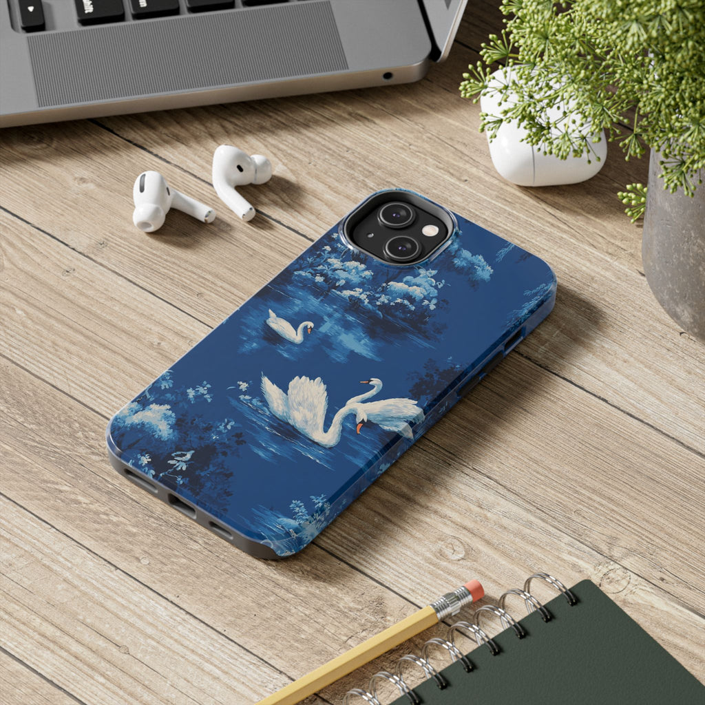 Swan Lake Tough Phone Case — Blue Vintage Swan Design, Durable Protective Cover
