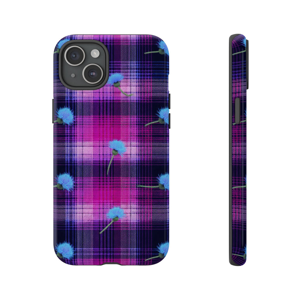 Purple Plaid Blue Thistle Tartan Phone Case — Floral Plaid Protective iPhone Cover