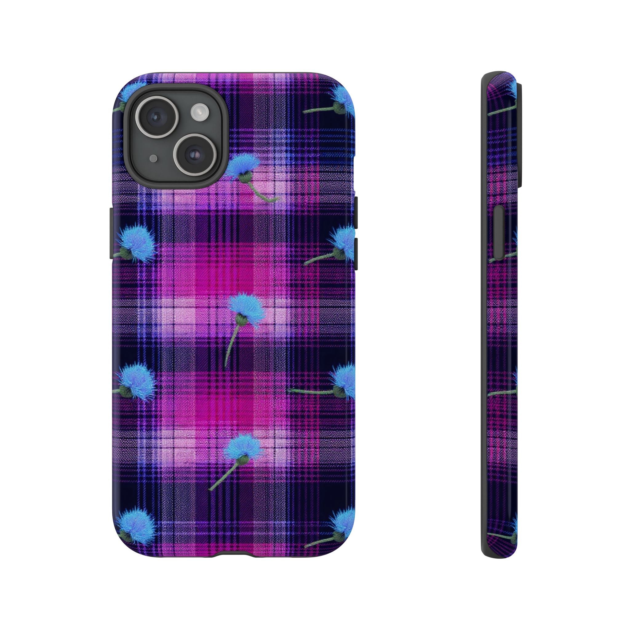 Purple Plaid Blue Thistle Tartan Phone Case — Floral Plaid Protective iPhone Cover
