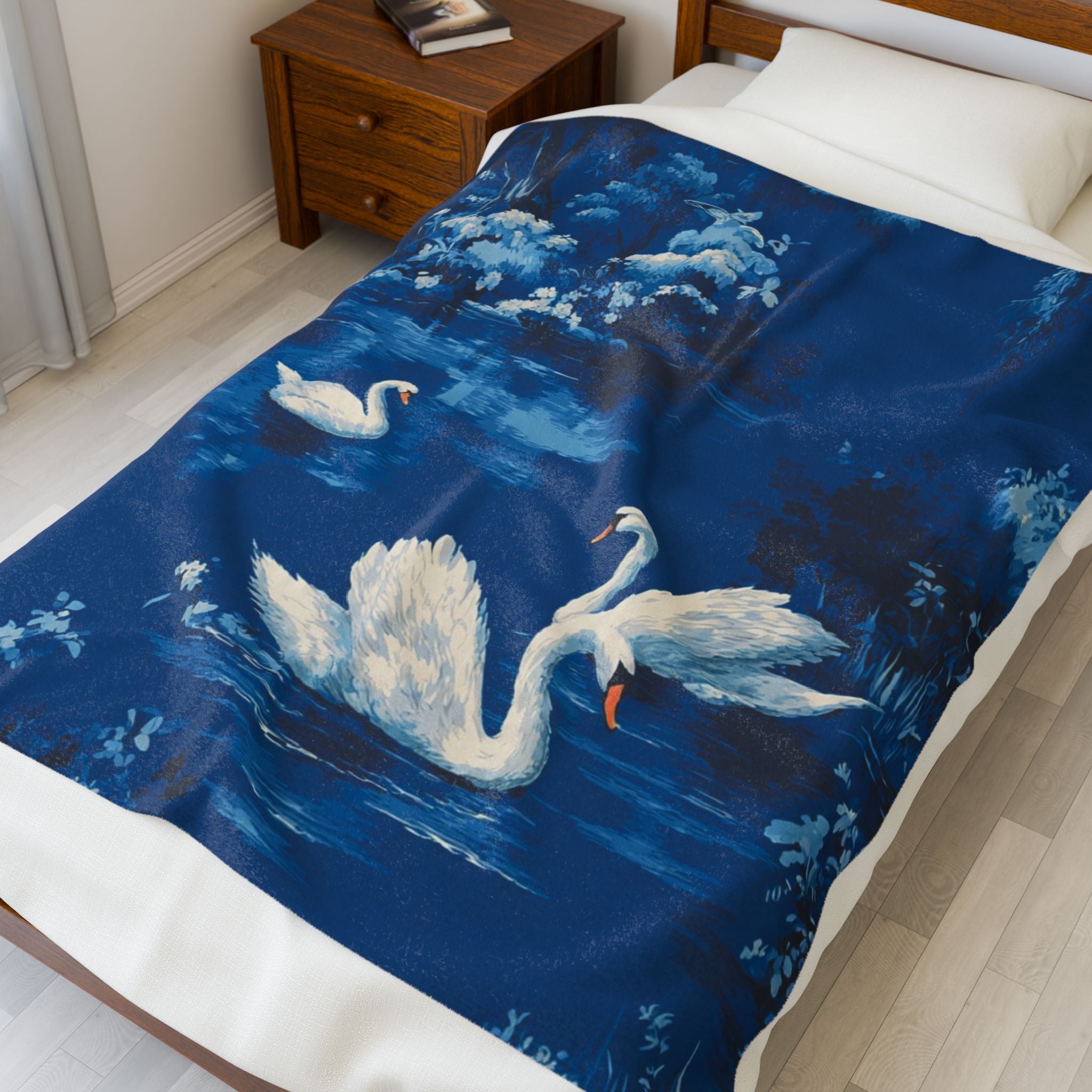 Swan Lake Velveteen Plush Blanket — Cozy Blue Swans Throw