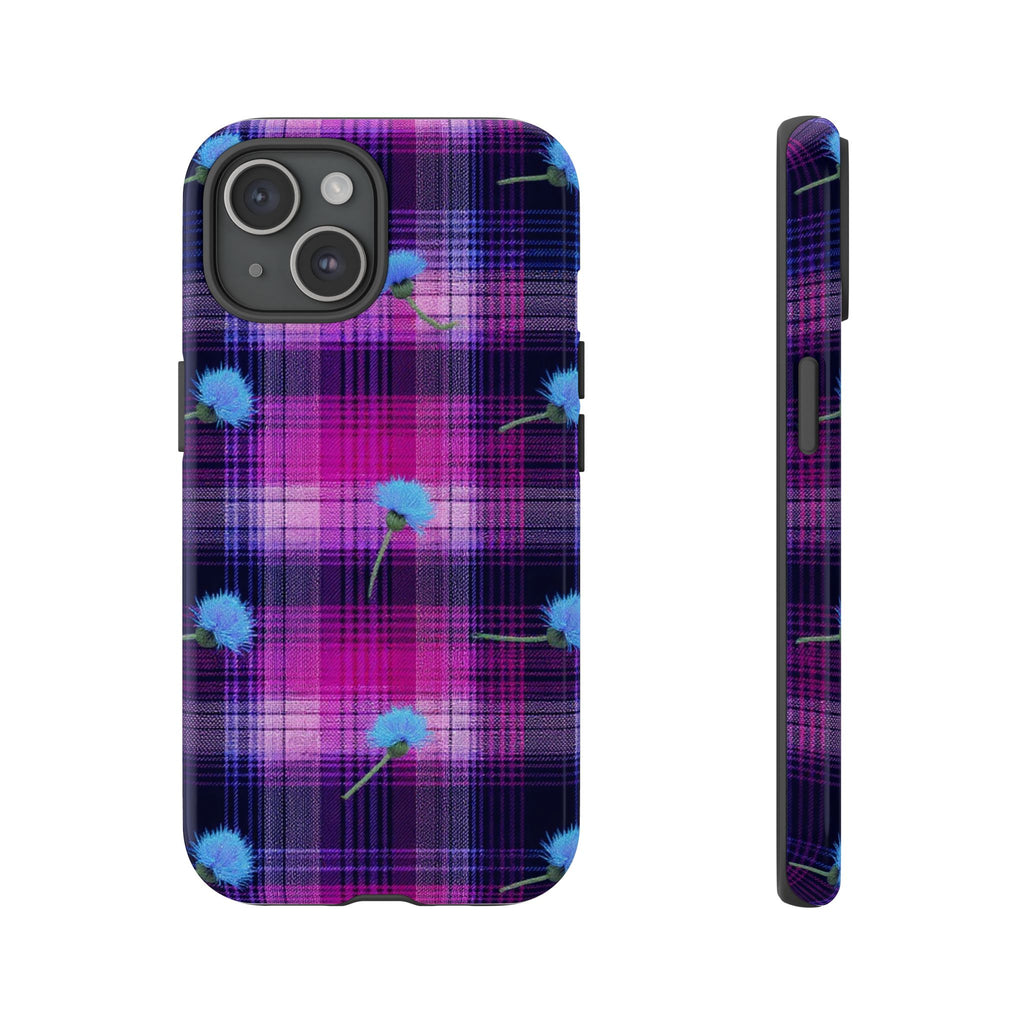 Purple Plaid Blue Thistle Tartan Phone Case — Floral Plaid Protective iPhone Cover