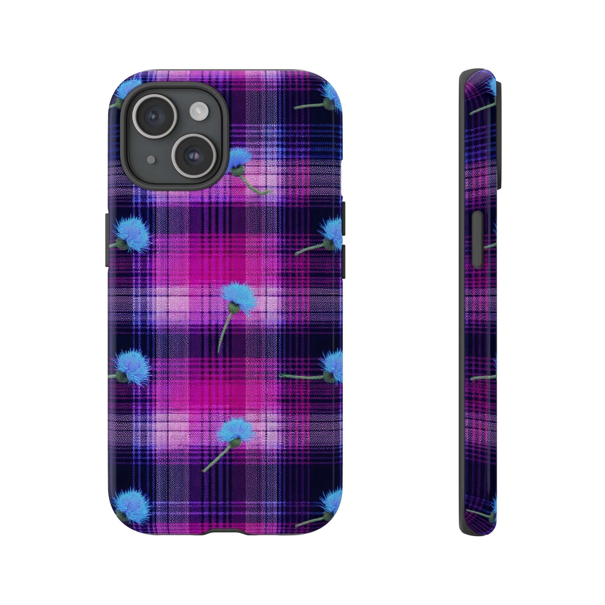 Purple Plaid Blue Thistle Tartan Phone Case — Floral Plaid Protective iPhone Cover