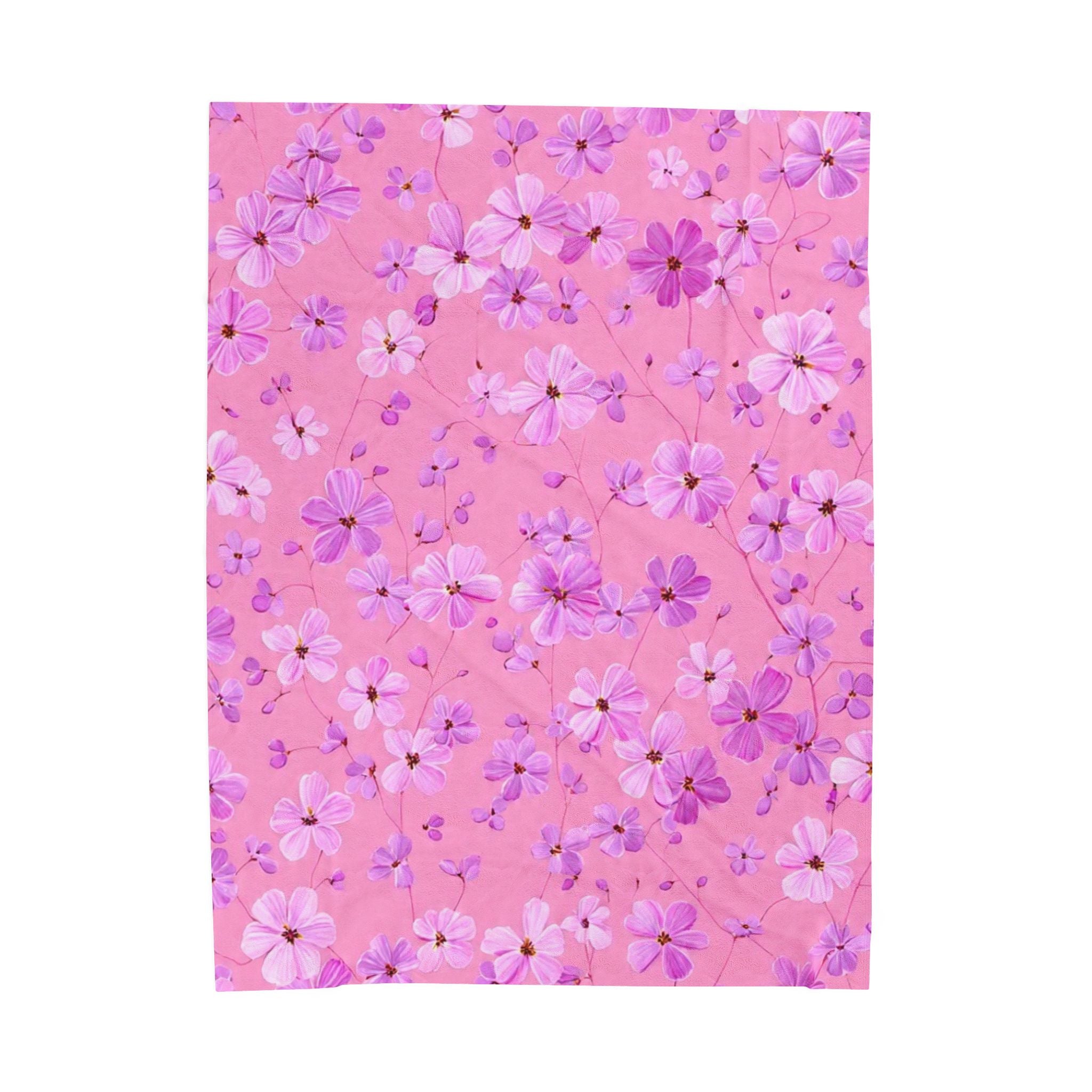 Pink Floral Velveteen Plush Blanket — Soft Cherry Blossom Throw