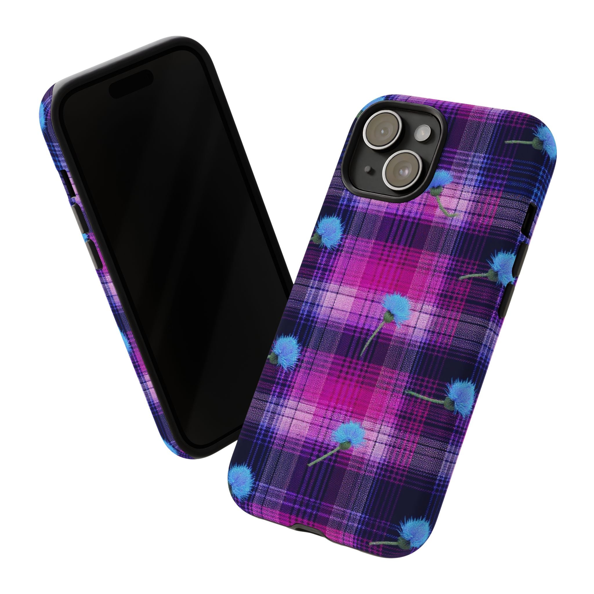 Purple Plaid Blue Thistle Tartan Phone Case — Floral Plaid Protective iPhone Cover