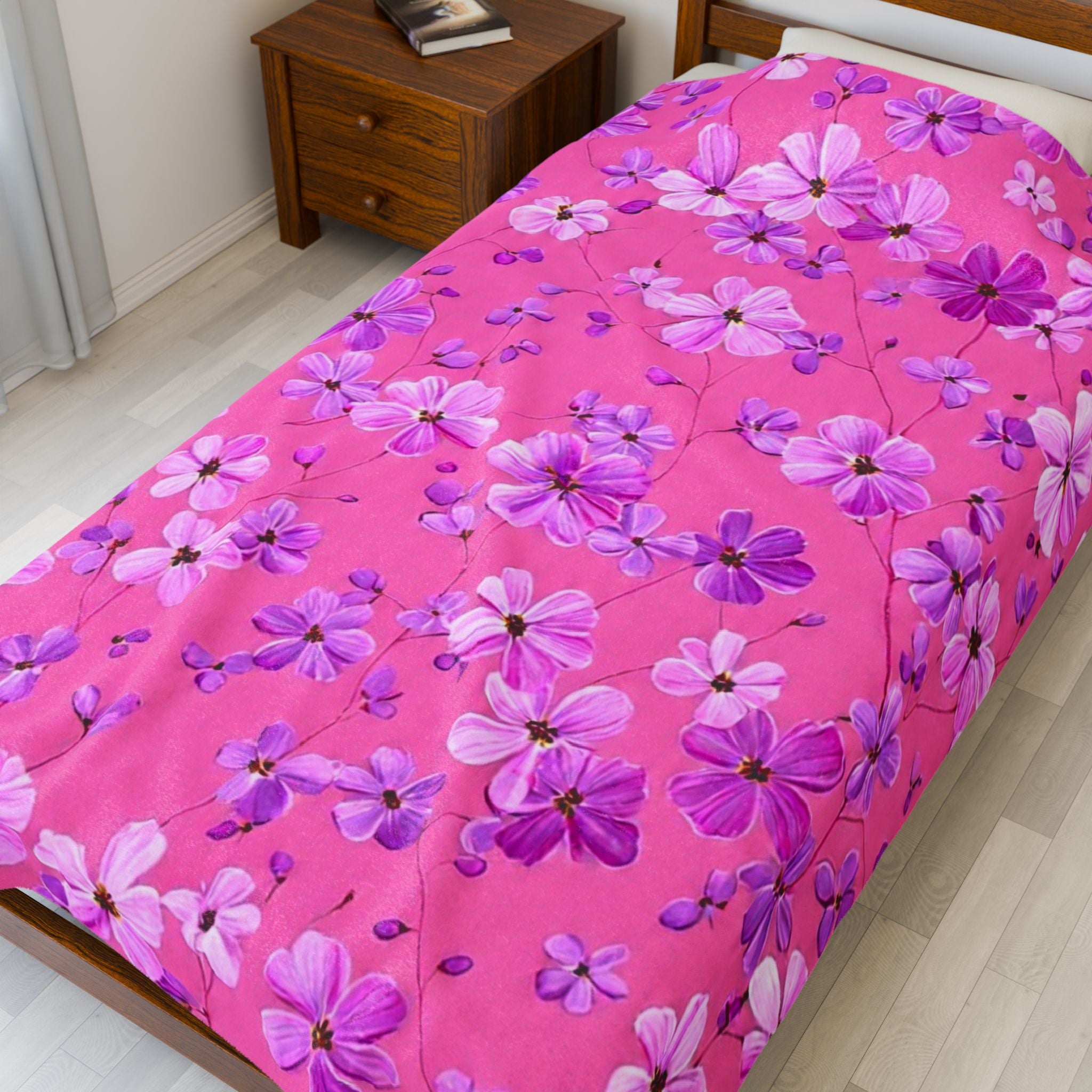 Velveteen Plush Blanket — Pink Floral Cherry Blossom Throw for Cozy Home & Gifts