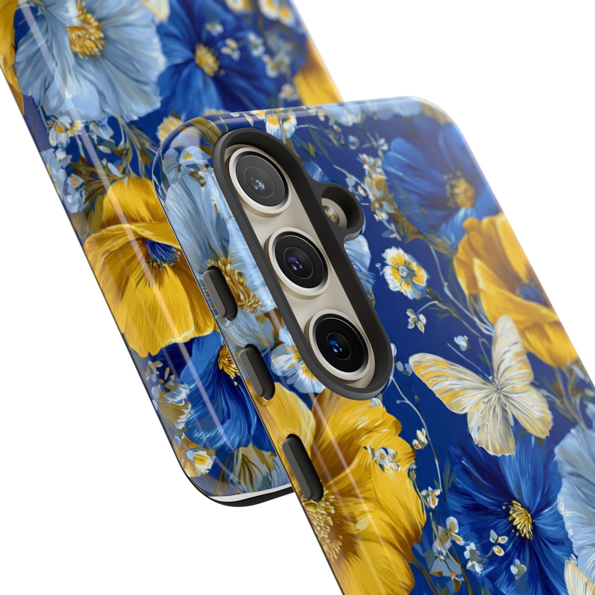 Floral Butterflies Phone Case — Blue & Yellow Tough Protective Cover