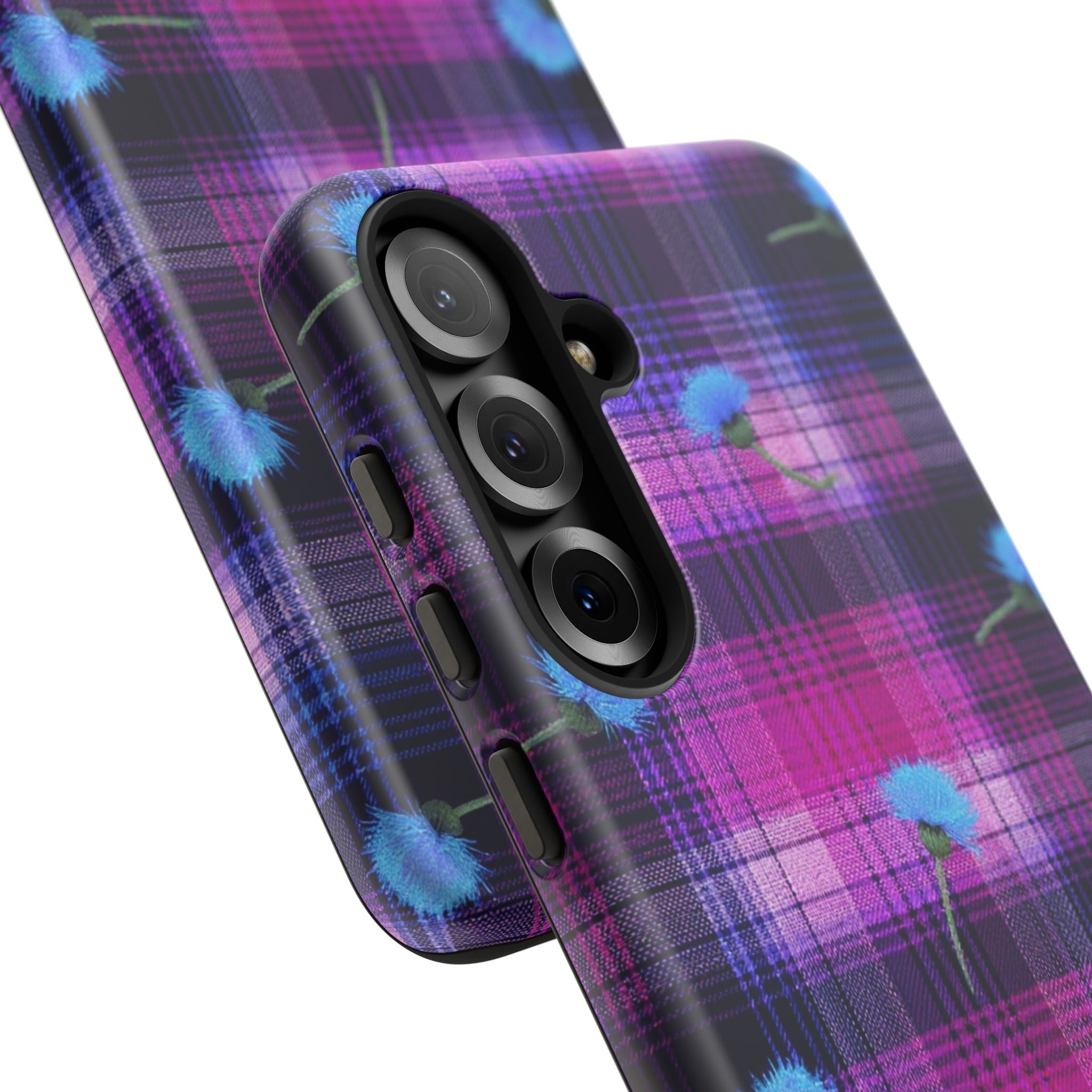 Purple Plaid Blue Thistle Tartan Phone Case — Floral Plaid Protective iPhone Cover
