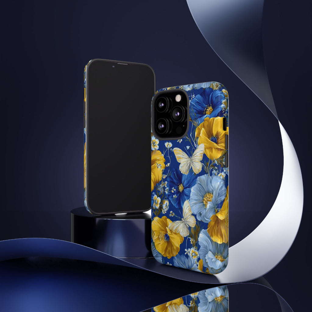 Floral Butterflies Phone Case — Blue & Yellow Tough Protective Cover