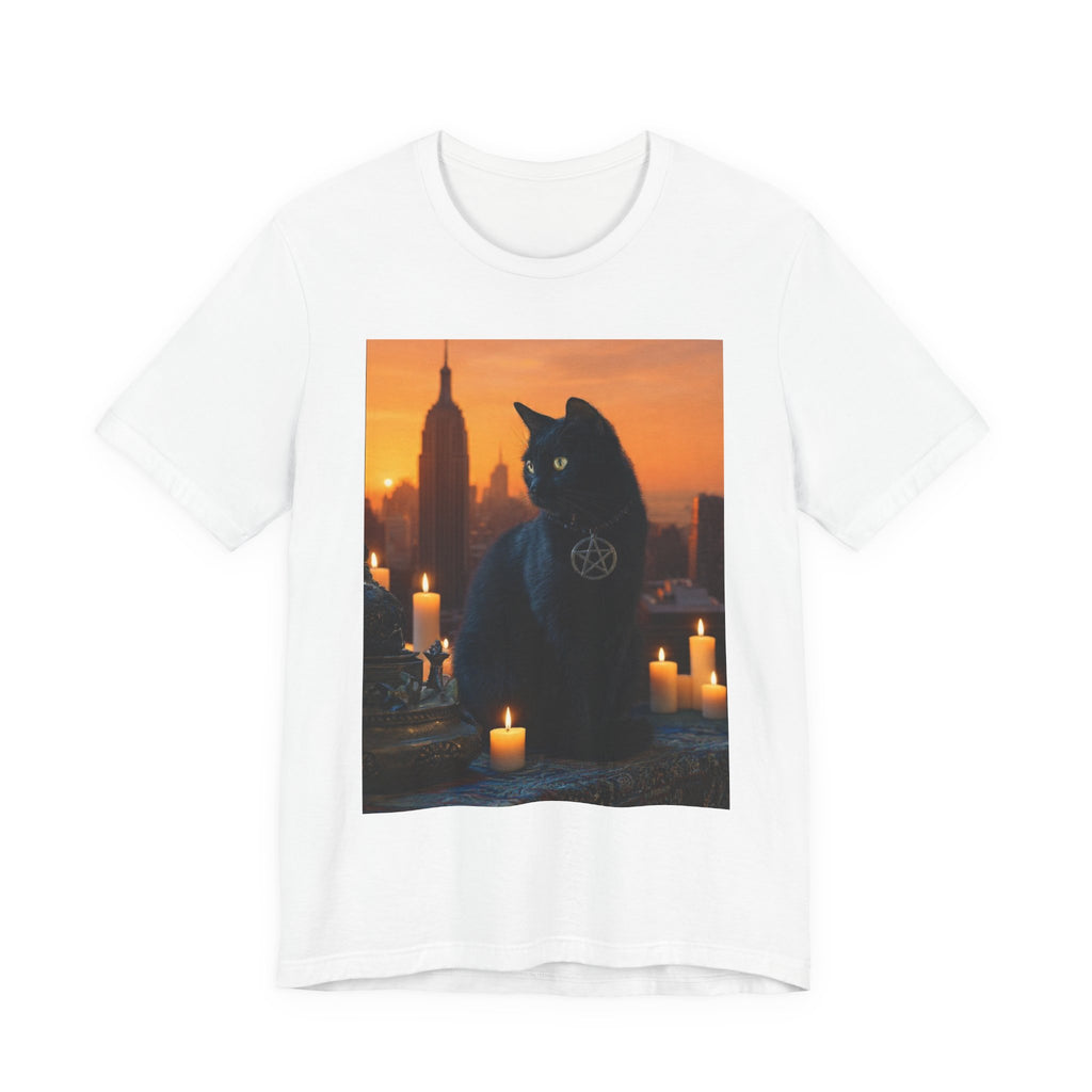 Witchy Black Cat Tee — Pentagram Cat with Candles Sunset Graphic T-Shirt