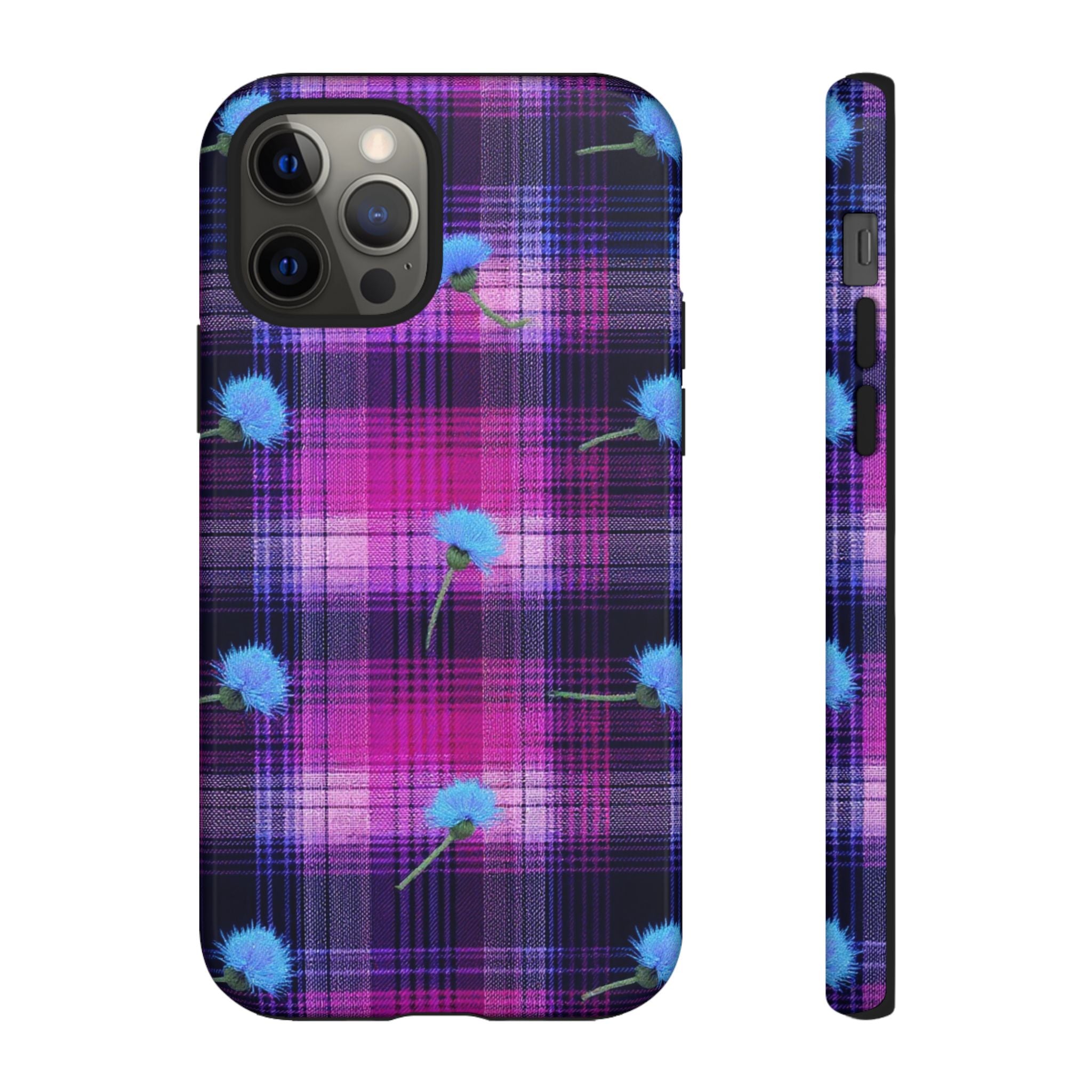 Purple Plaid Blue Thistle Tartan Phone Case — Floral Plaid Protective iPhone Cover