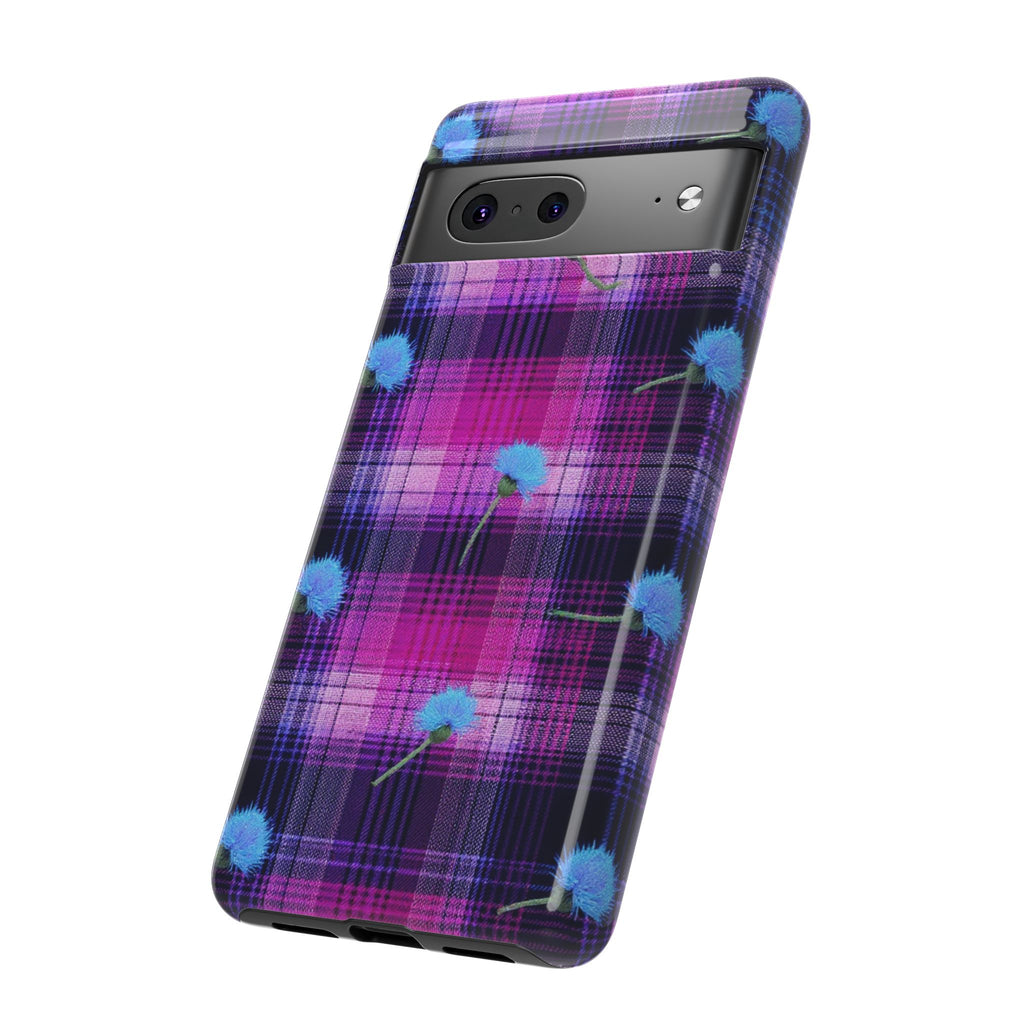 Purple Plaid Blue Thistle Tartan Phone Case — Floral Plaid Protective iPhone Cover