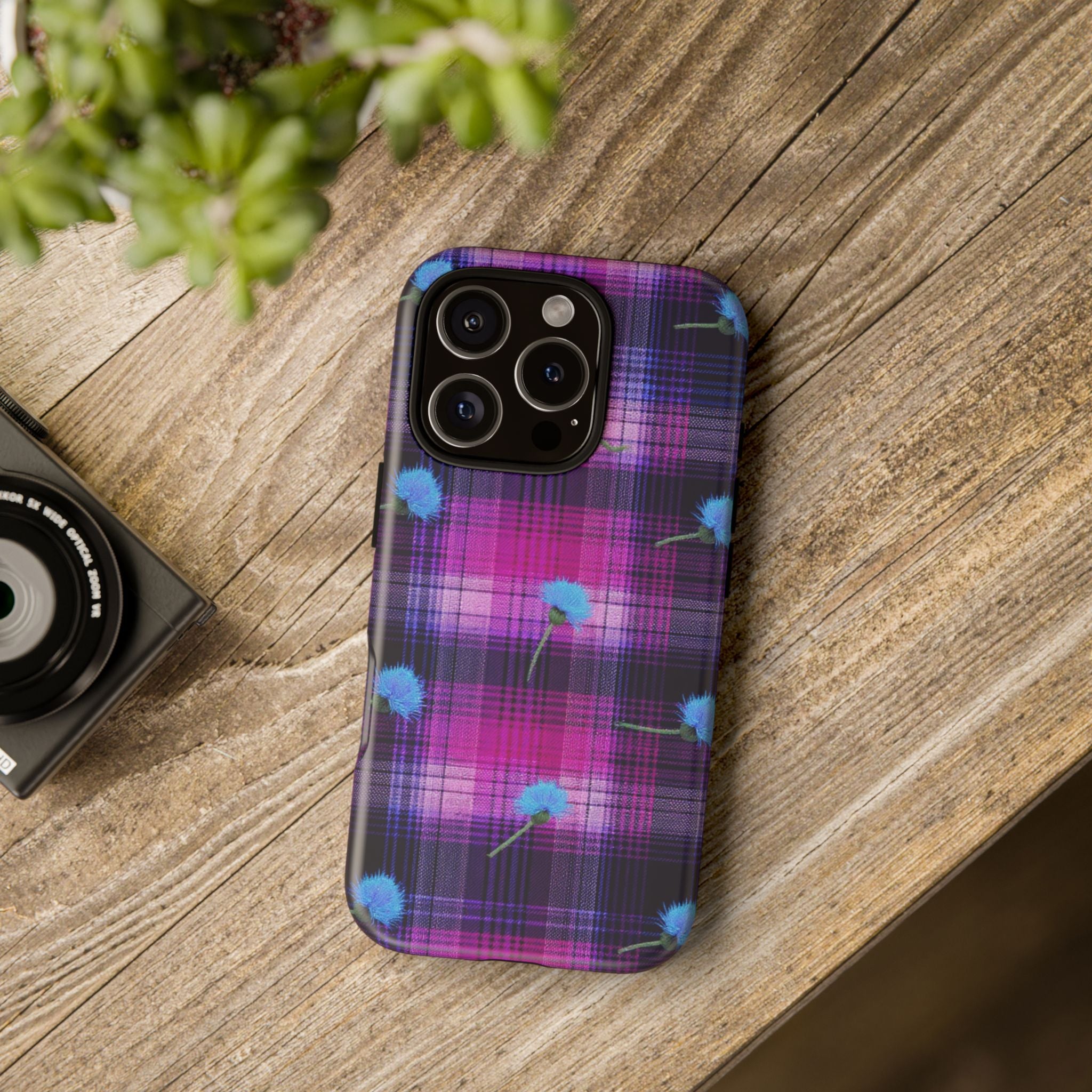 Purple Plaid Blue Thistle Tartan Phone Case — Floral Plaid Protective iPhone Cover