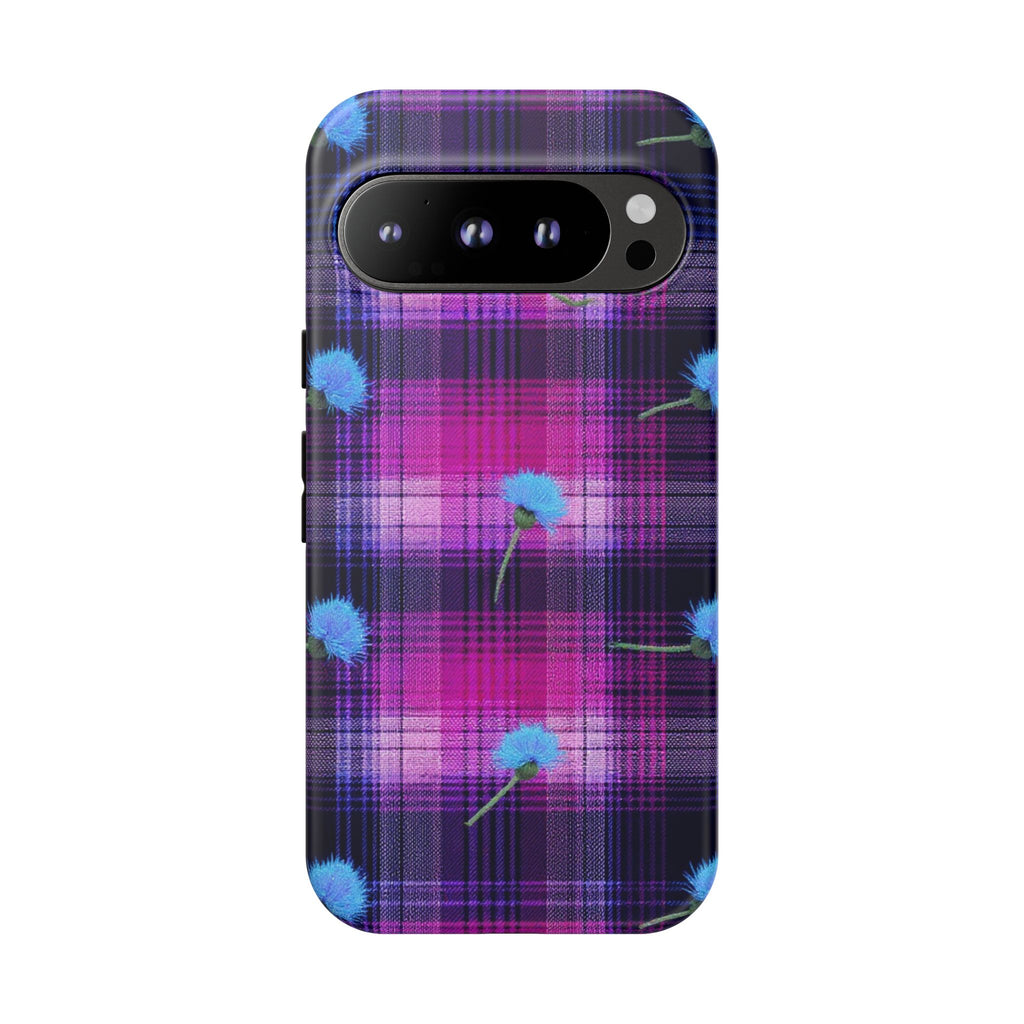 Purple Plaid Blue Thistle Tartan Phone Case — Floral Plaid Protective iPhone Cover