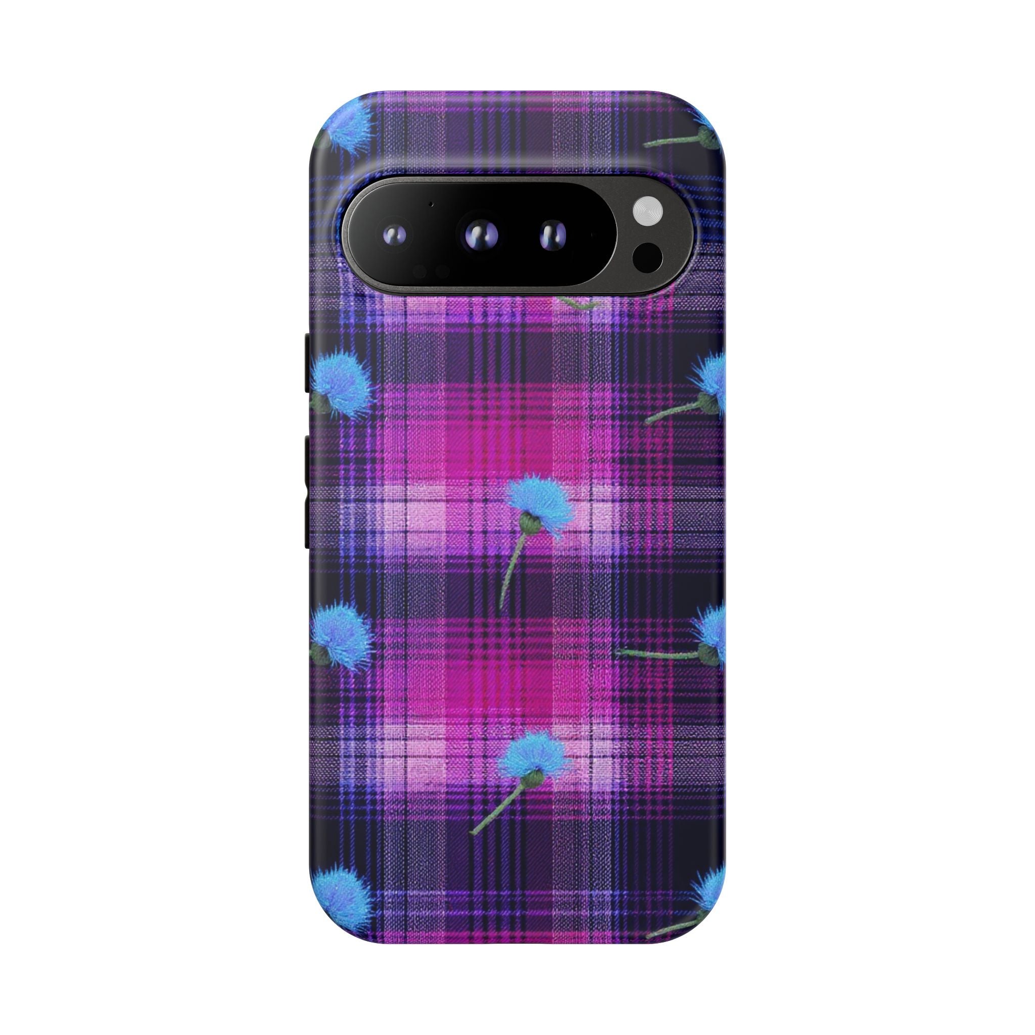 Purple Plaid Blue Thistle Tartan Phone Case — Floral Plaid Protective iPhone Cover