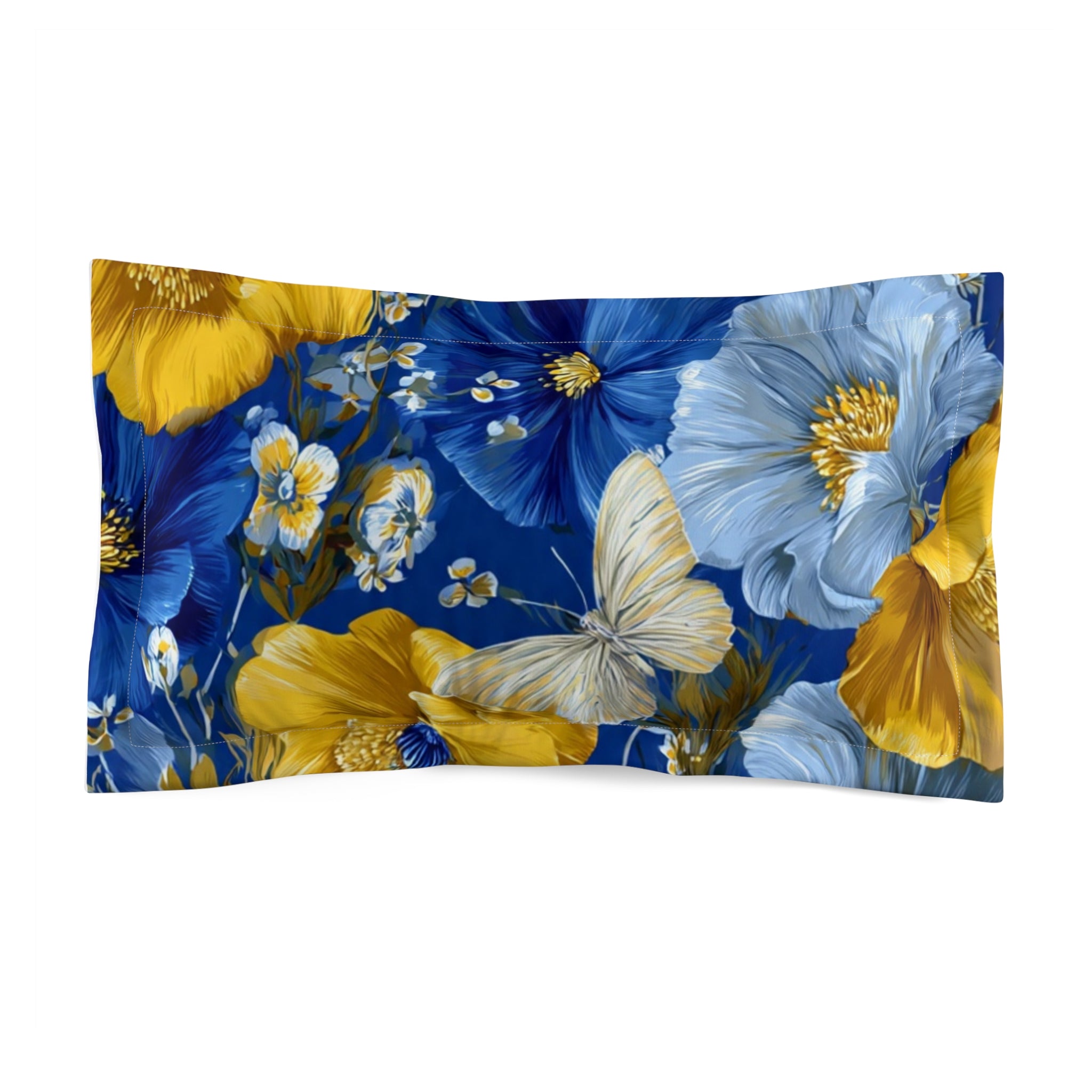 Floral Blue & Gold Pillow Sham — Butterfly Microfiber Decorative Pillowcase
