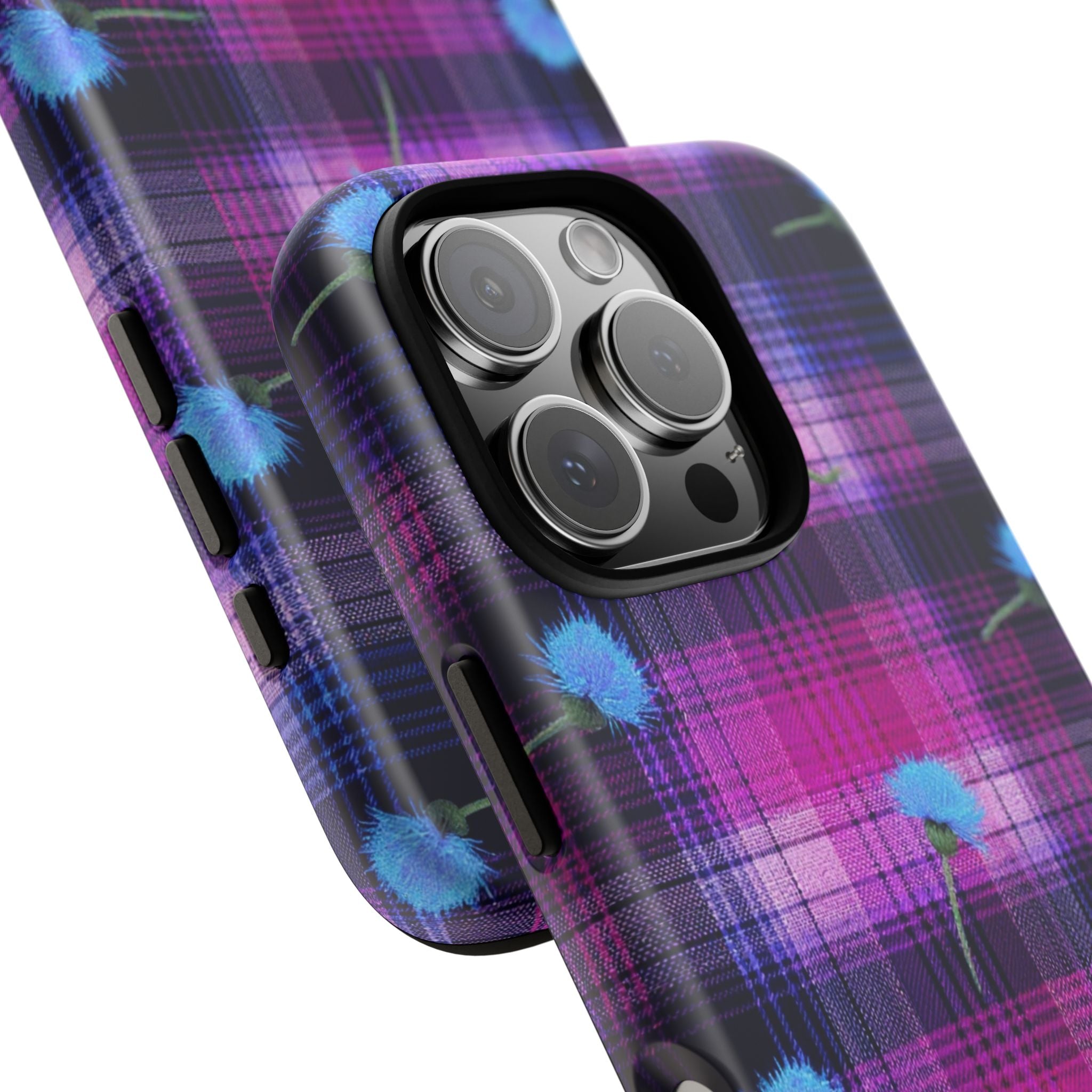 Purple Plaid Blue Thistle Tartan Phone Case — Floral Plaid Protective iPhone Cover