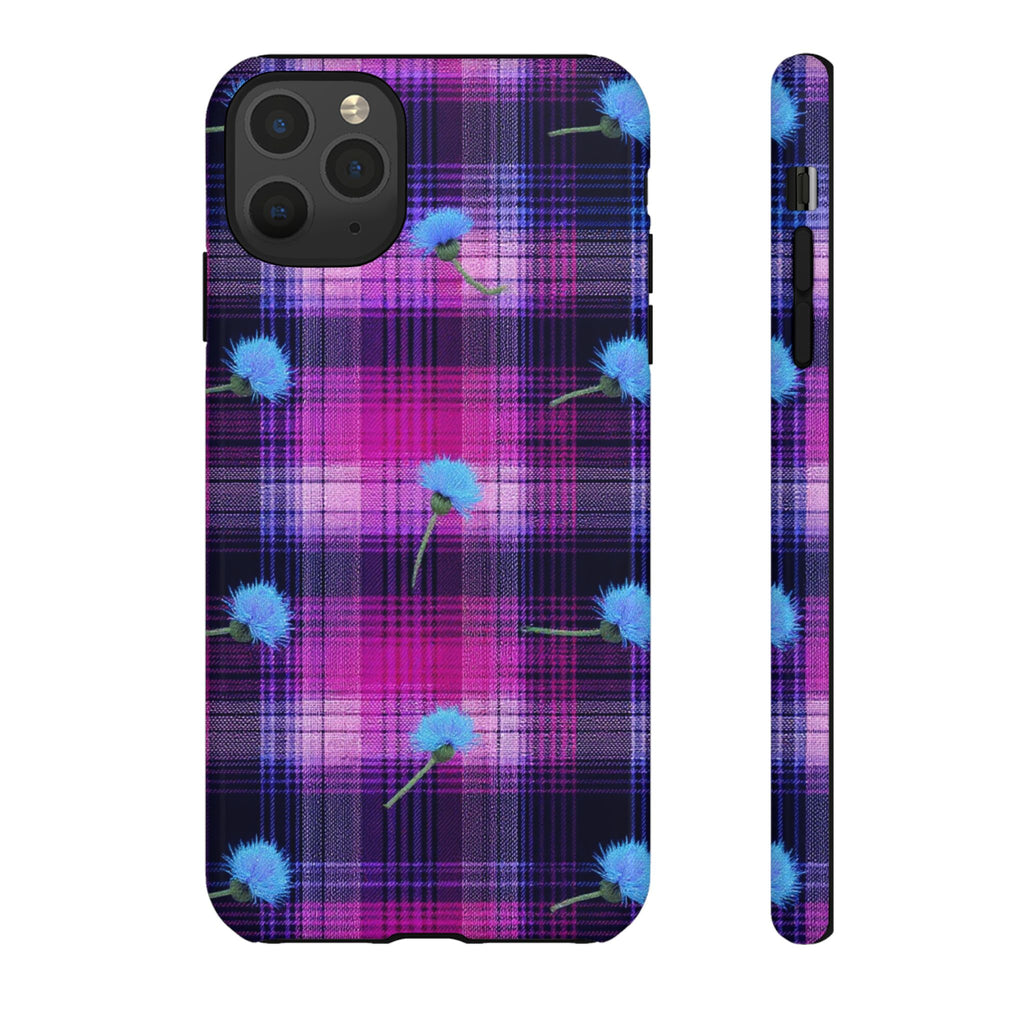 Purple Plaid Blue Thistle Tartan Phone Case — Floral Plaid Protective iPhone Cover