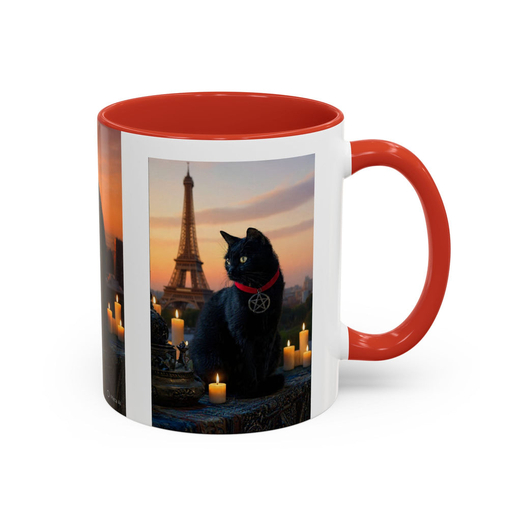 Black Cat Altar Coffee Mug — Gothic Cat with Pentagram, Candlelit Sunset Scene (11/15oz)