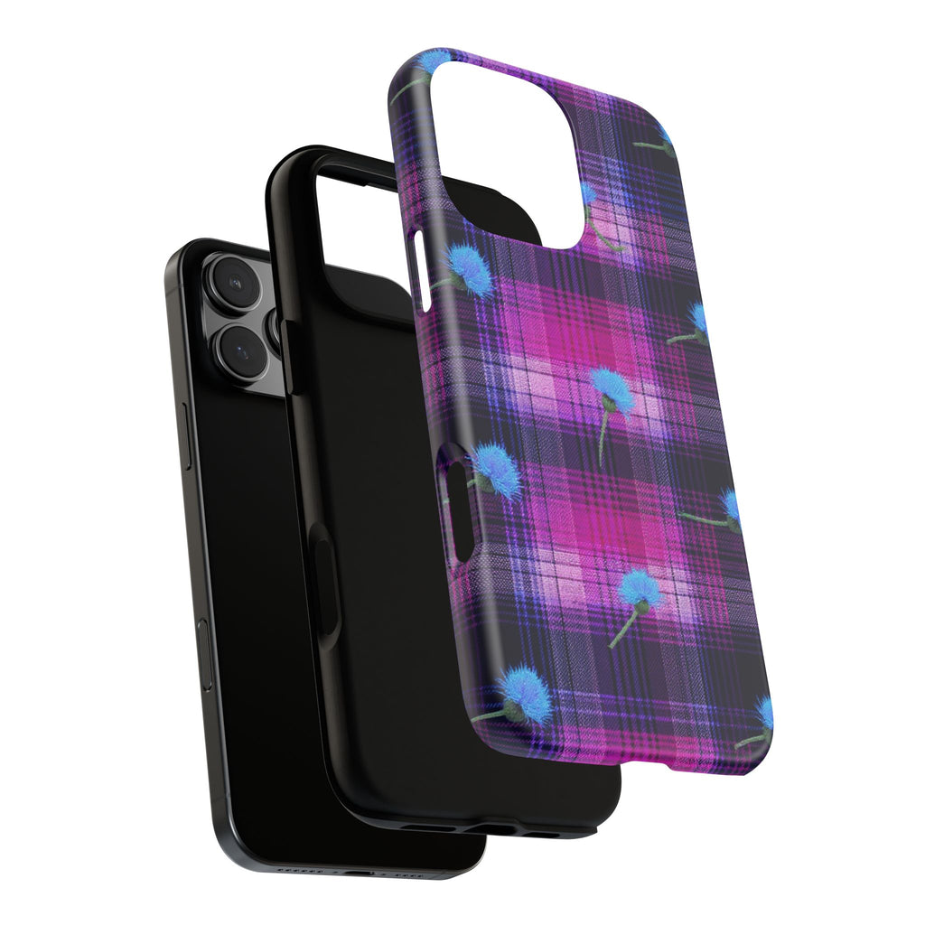 Purple Plaid Blue Thistle Tartan Phone Case — Floral Plaid Protective iPhone Cover