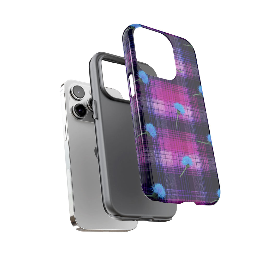 Purple Plaid Blue Thistle Tartan Phone Case — Floral Plaid Protective iPhone Cover