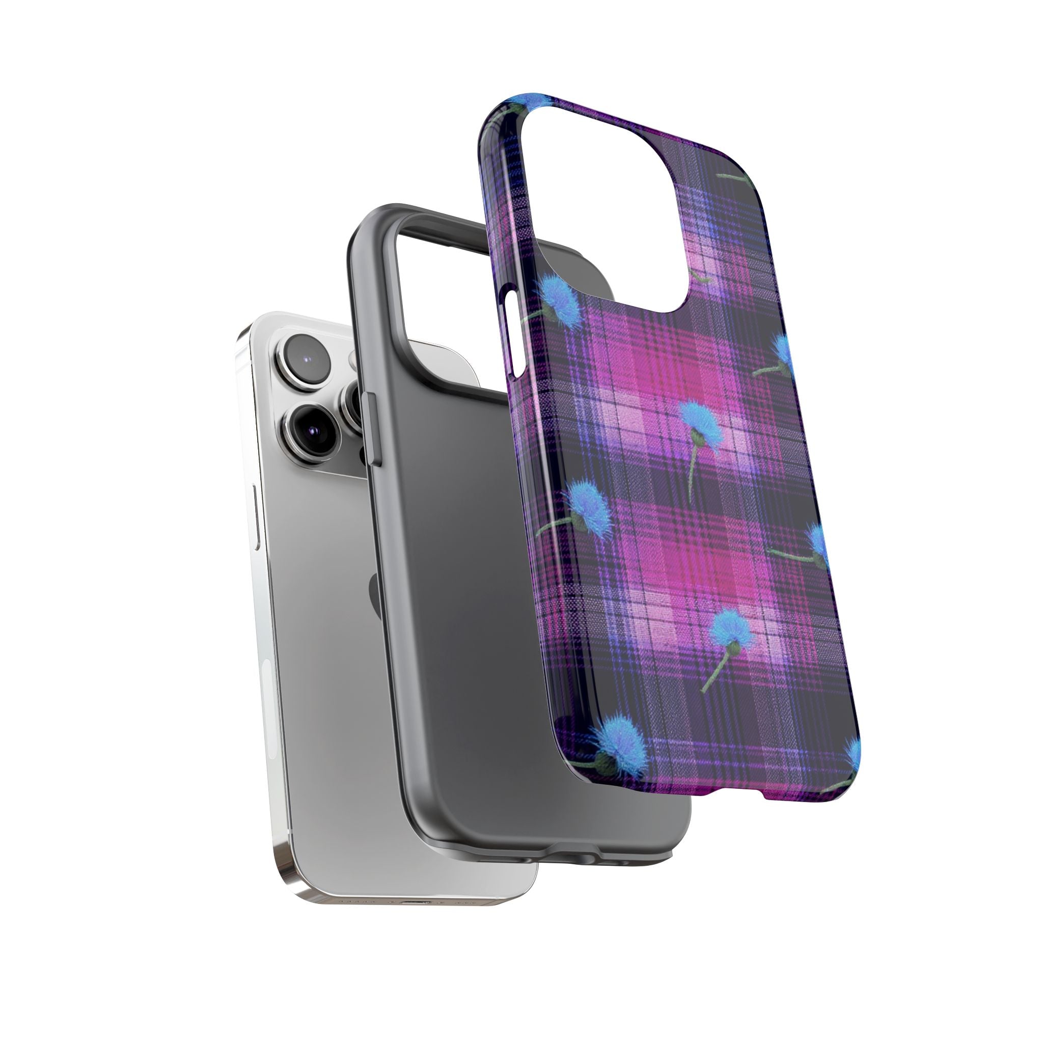 Purple Plaid Blue Thistle Tartan Phone Case — Floral Plaid Protective iPhone Cover