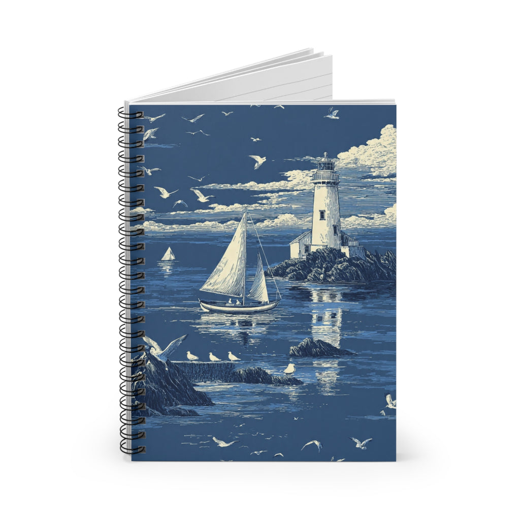 Nautical Lighthouse Spiral Notebook — Sailboat Seagull Ruled Journal