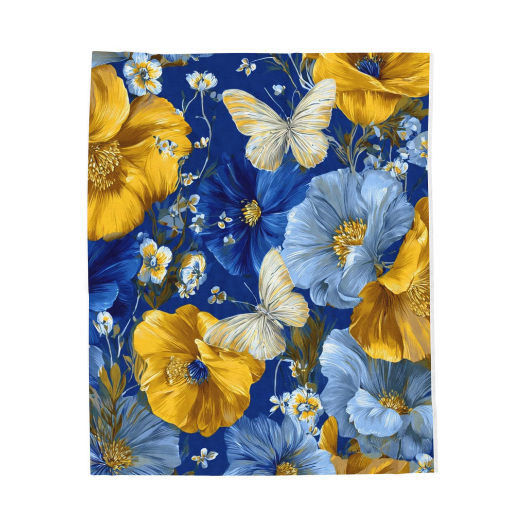 Velveteen Plush Blanket — Blue & Gold Floral Butterflies Throw