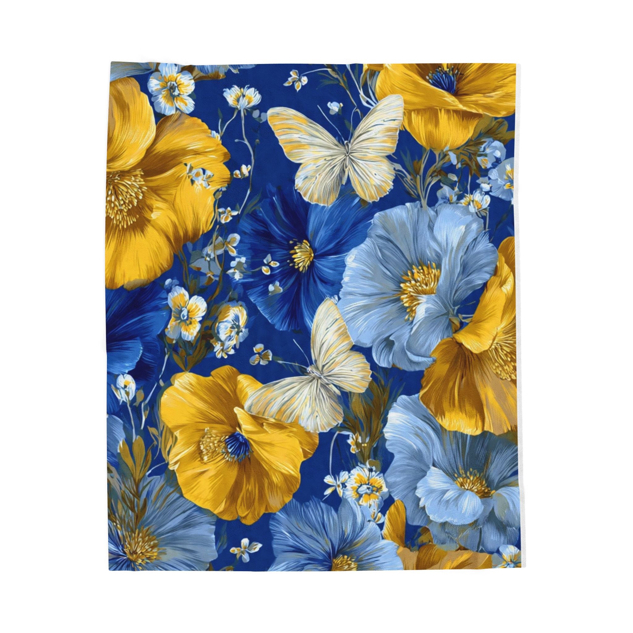 Velveteen Plush Blanket — Blue & Gold Floral Butterflies Throw