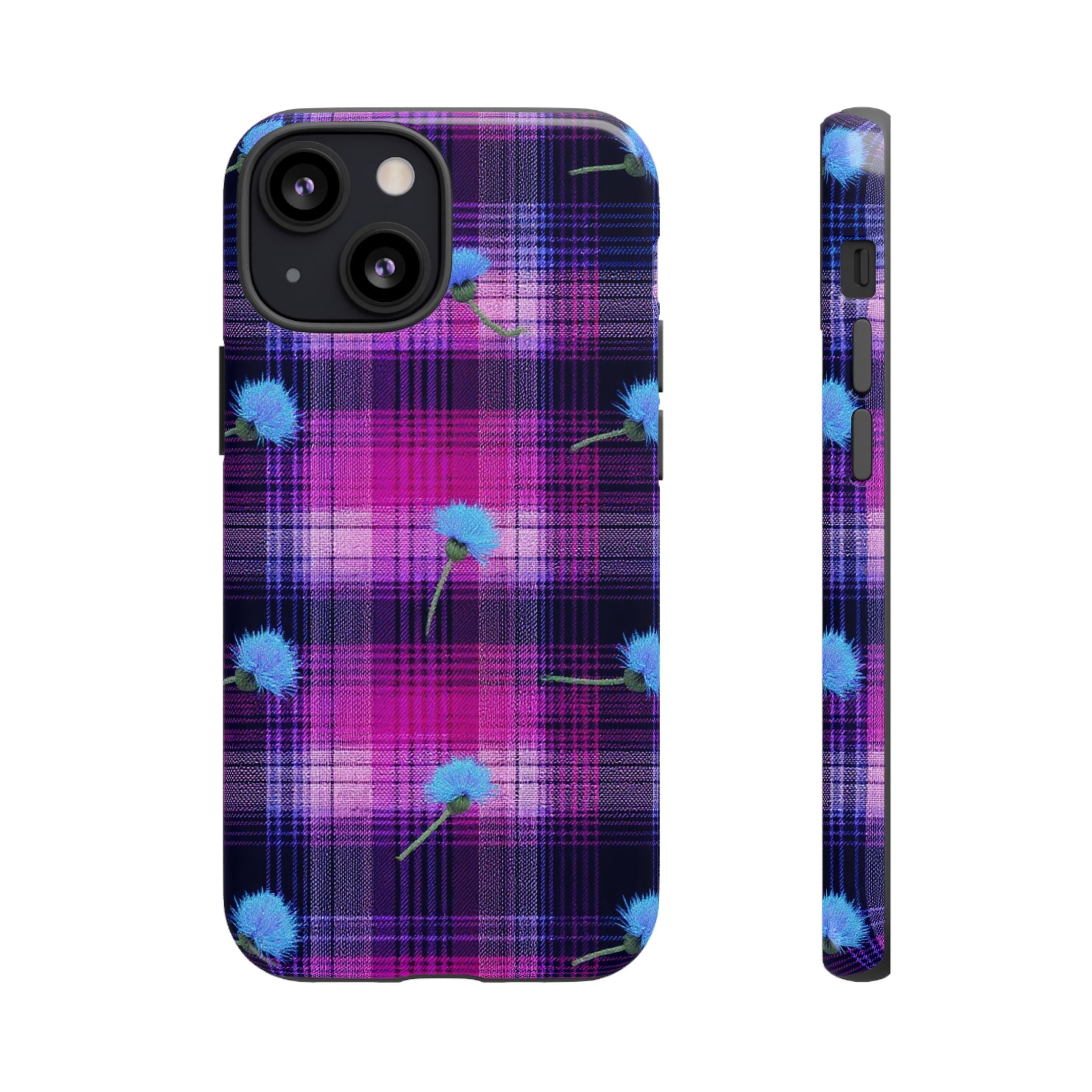 Purple Plaid Blue Thistle Tartan Phone Case — Floral Plaid Protective iPhone Cover